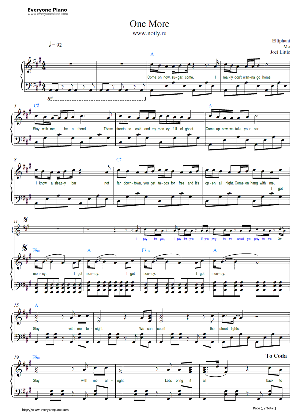 One More钢琴谱-Elliphant ft. MO1
