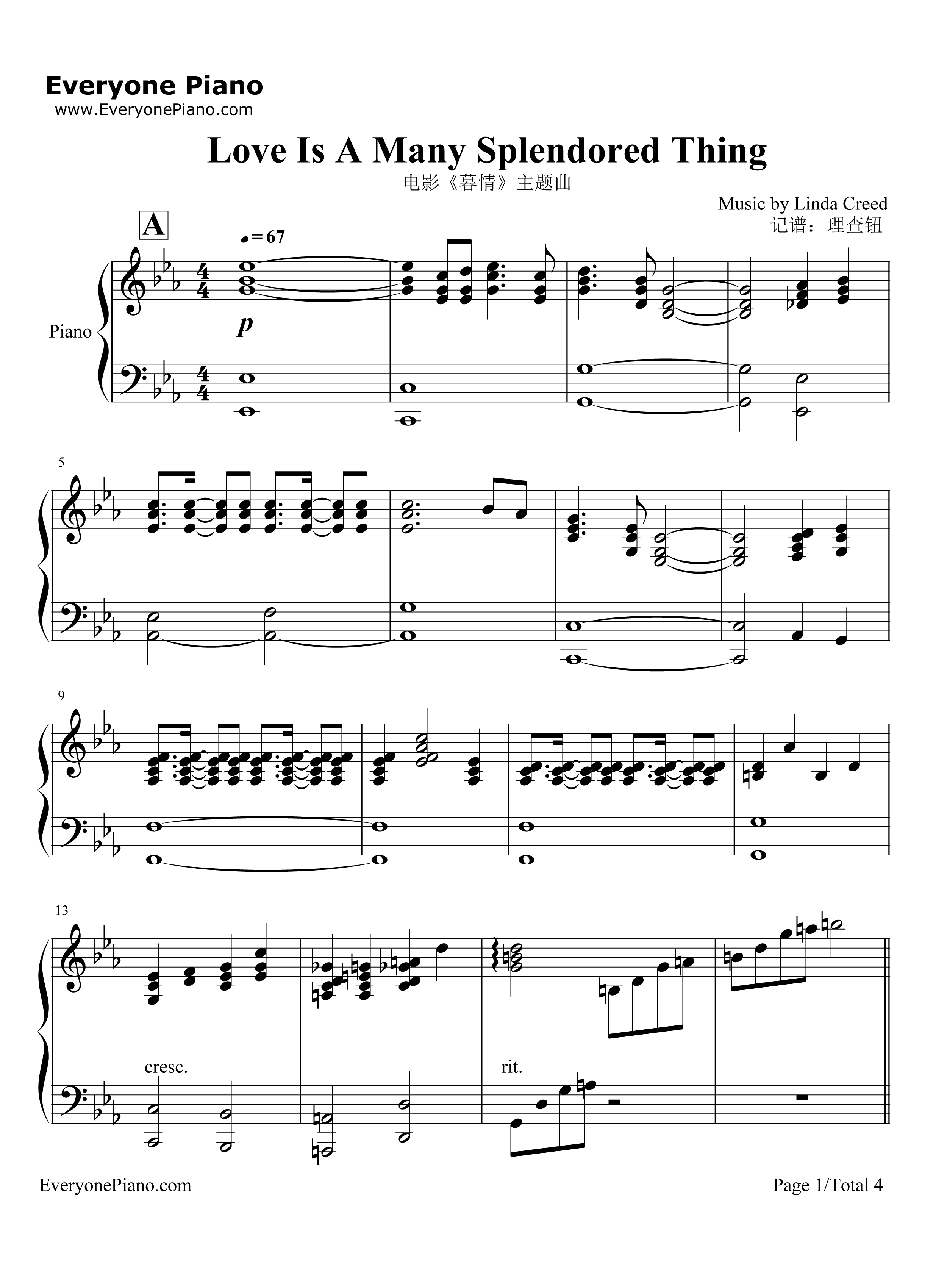 Love Is A Many Splendored Thing钢琴谱-理查德·克莱德曼1