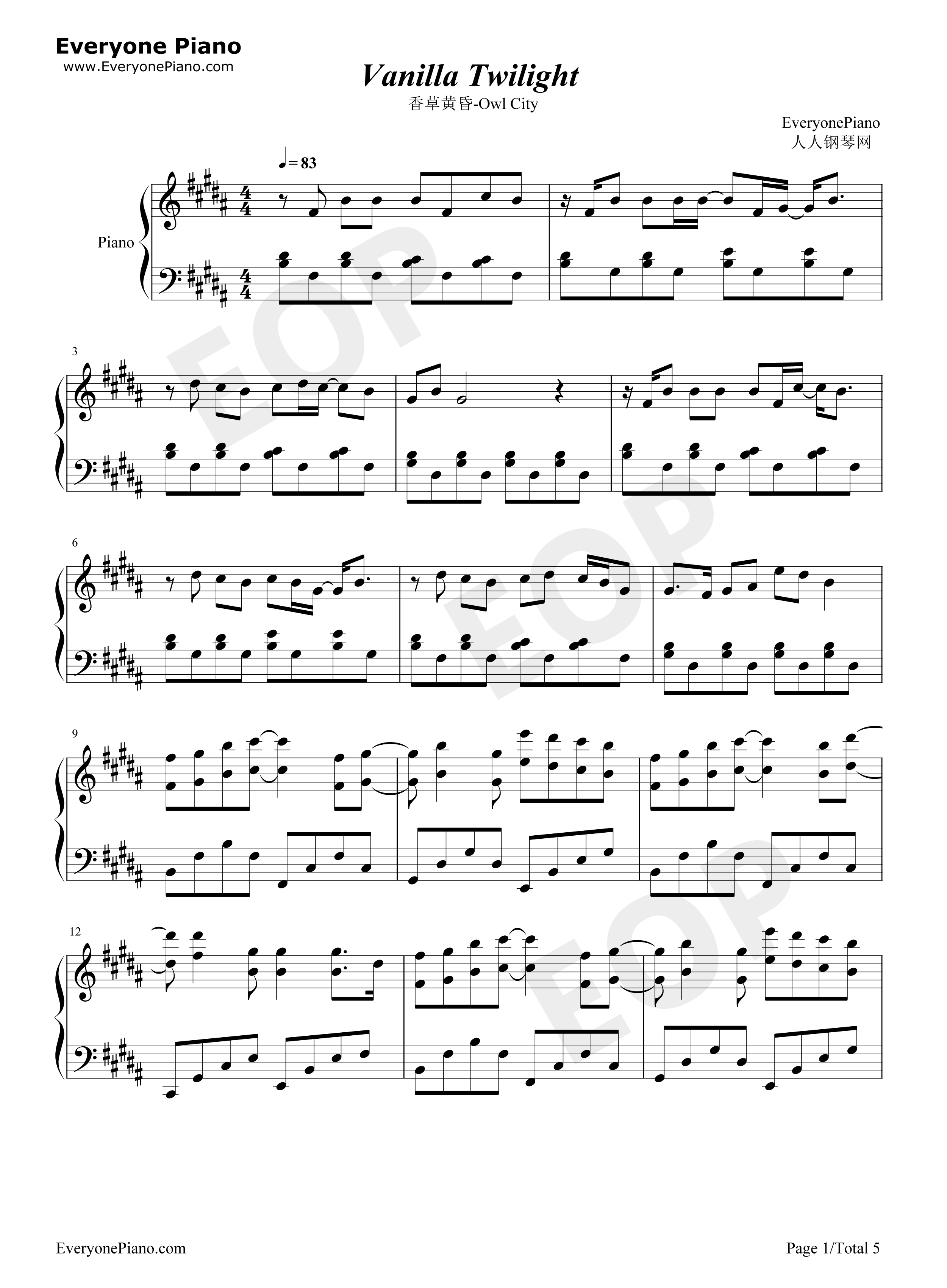 Vanilla Twilight钢琴谱-Owl City1