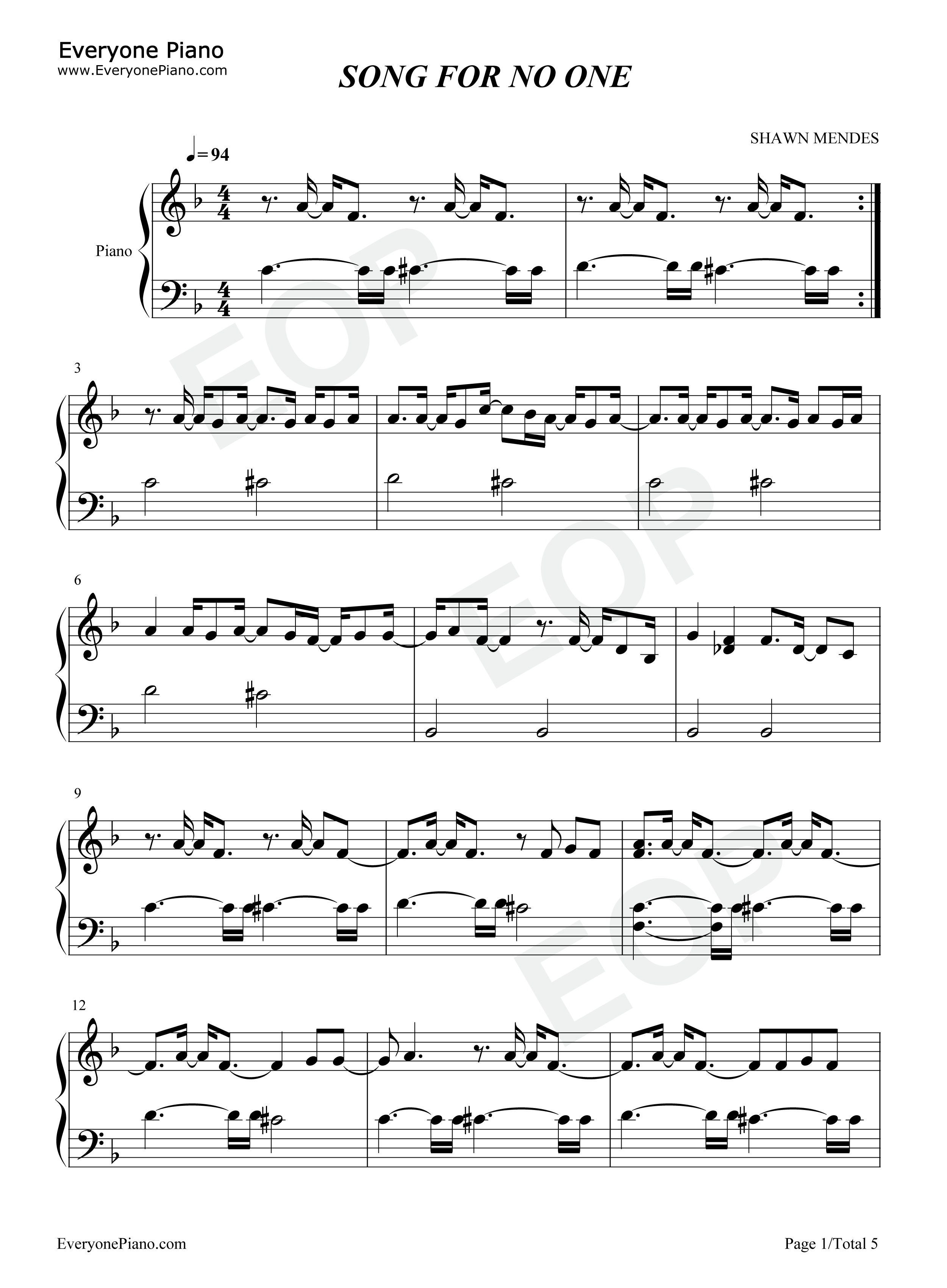 Song for No One钢琴谱-Shawn Mendes1