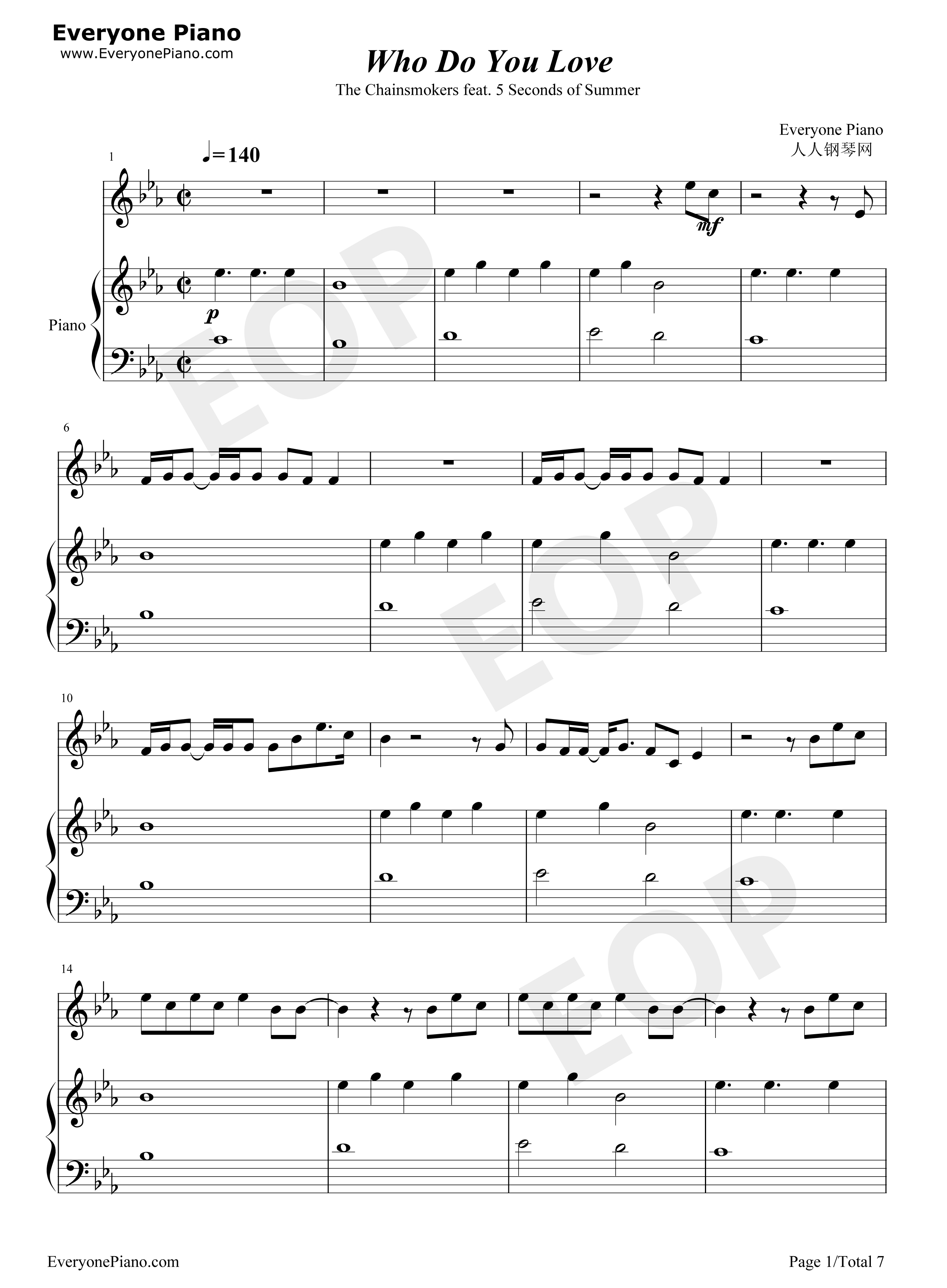 Who Do You Love钢琴谱-The Chainsmokers 5 Seconds of Summer1