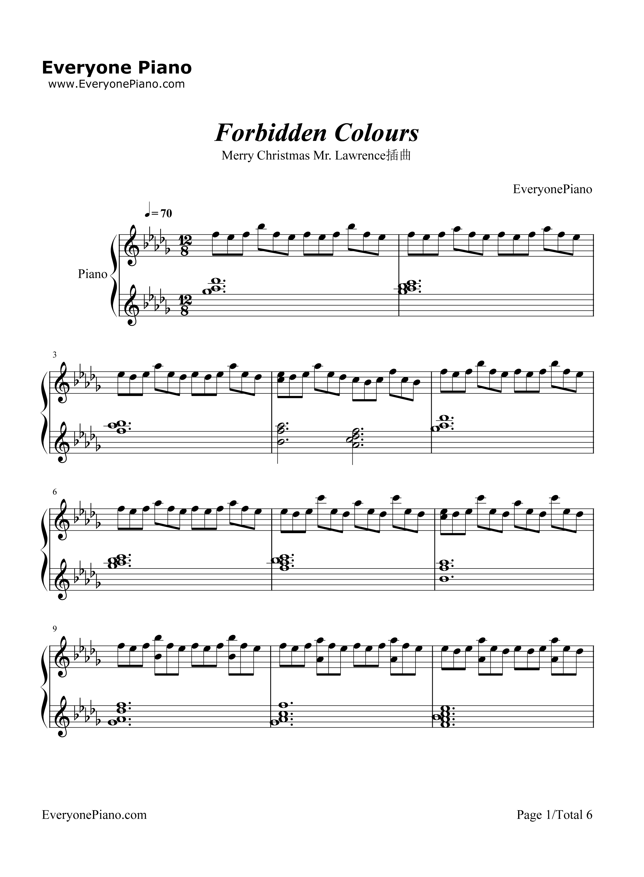 Forbidden Colours钢琴谱-坂本龙一1