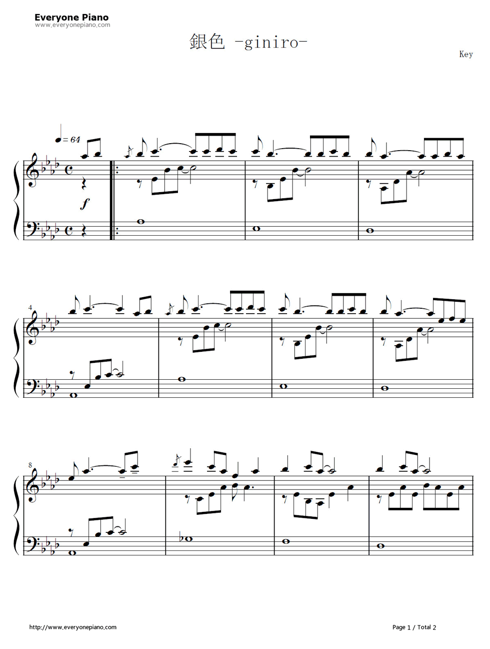 银色钢琴谱-Key（麻枝准）1