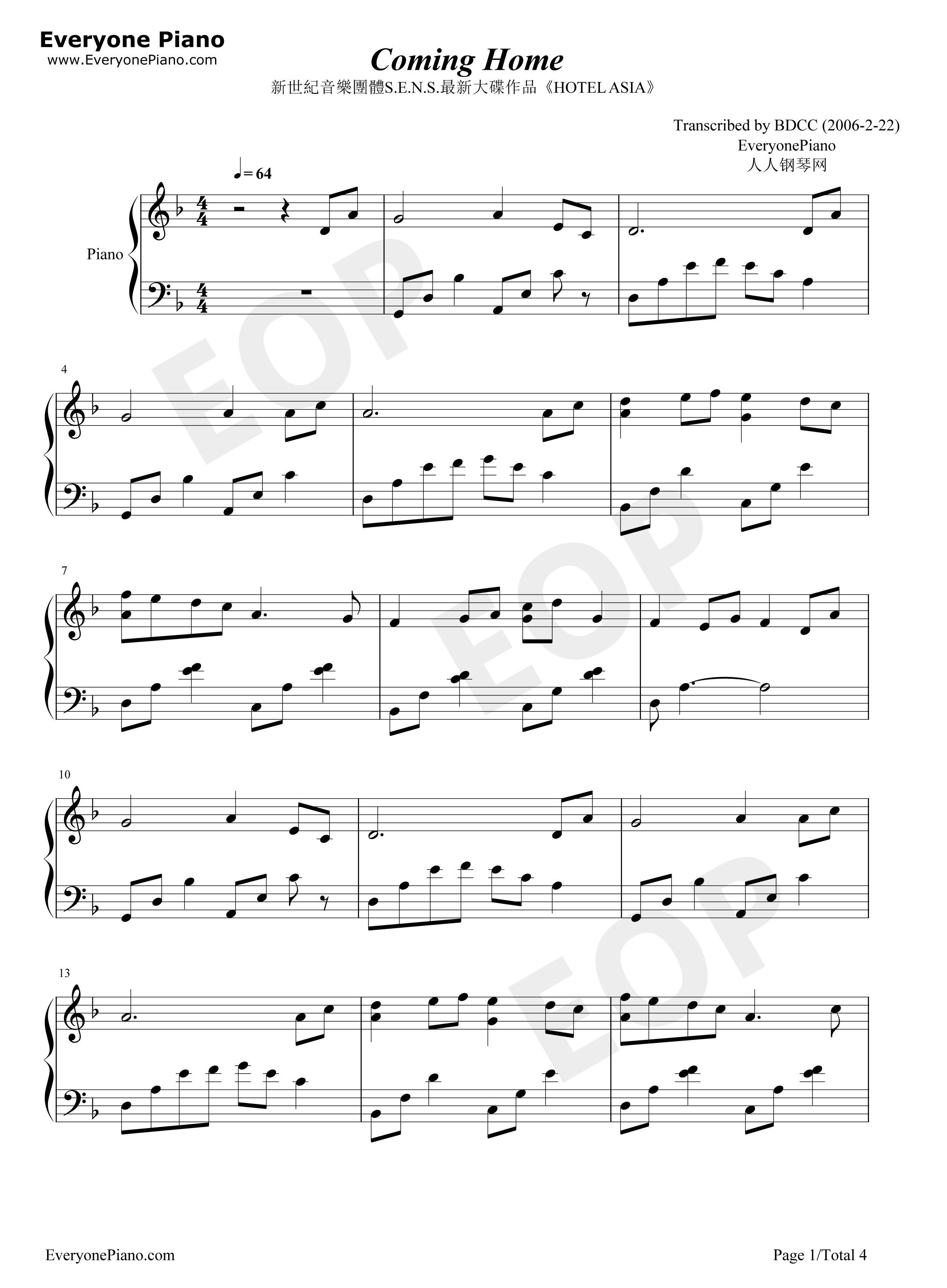 Coming Home钢琴谱-S.E.N.S.1