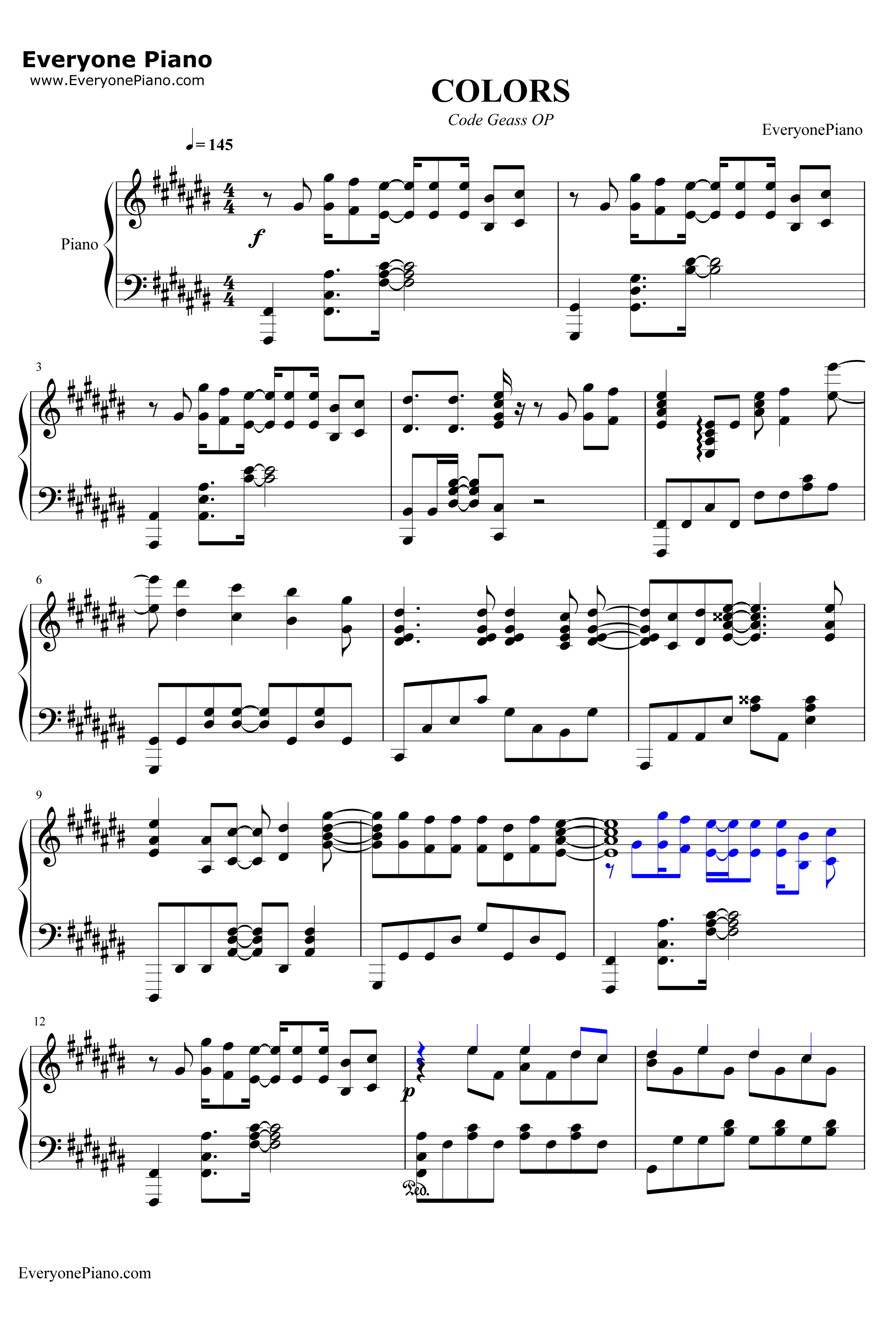 COLORS钢琴谱-FLOW-CodeGeass反叛的鲁鲁修OP11