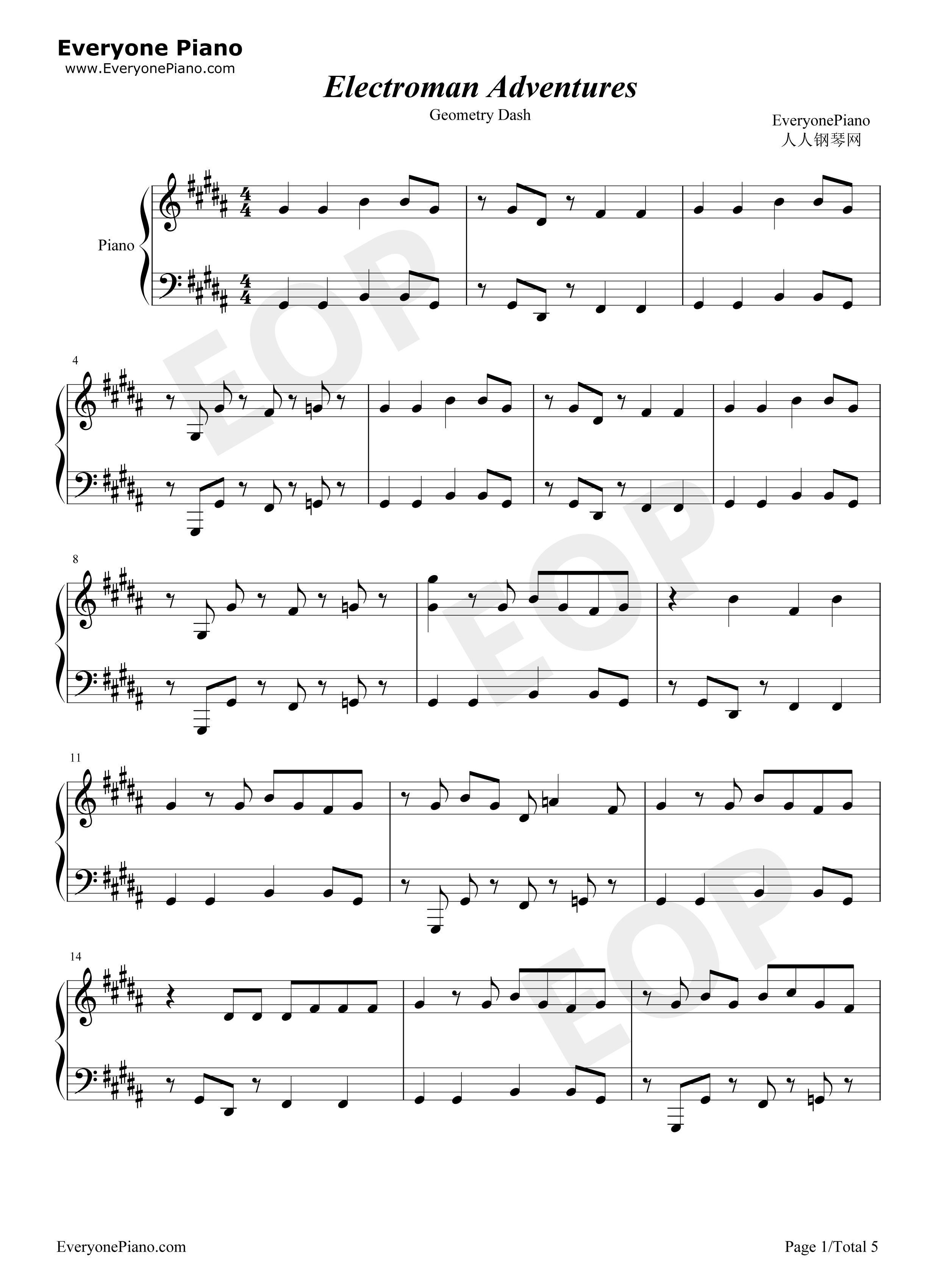 Electroman Adventures钢琴谱-Geometry Dash1