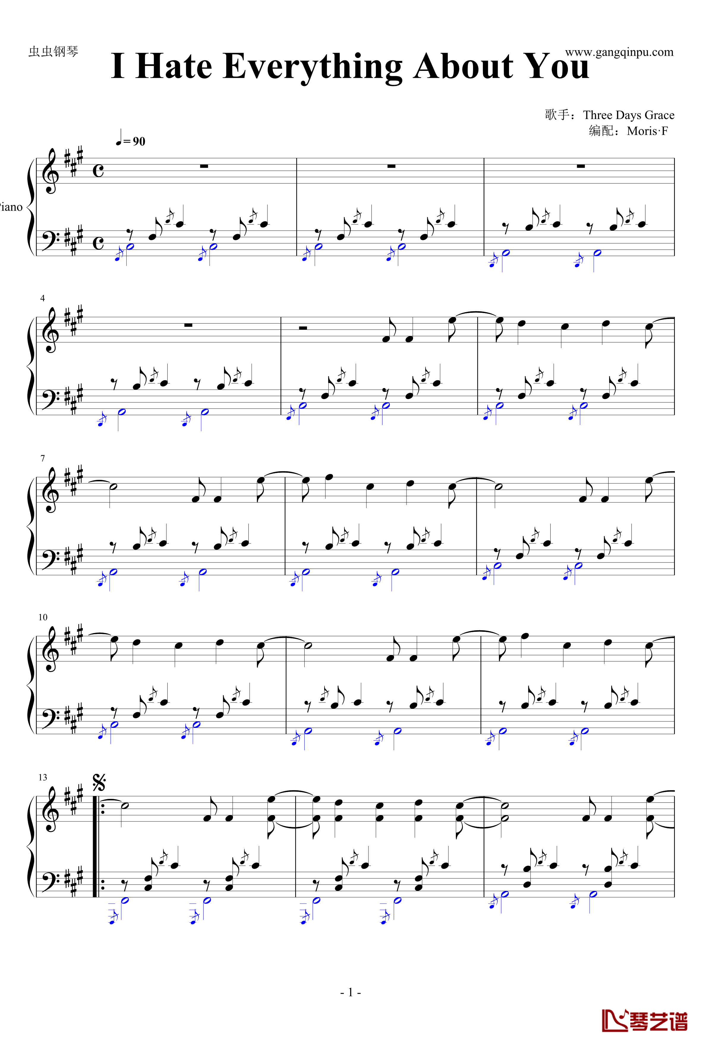 I Hate Everything About You钢琴谱-Three Days Grace1