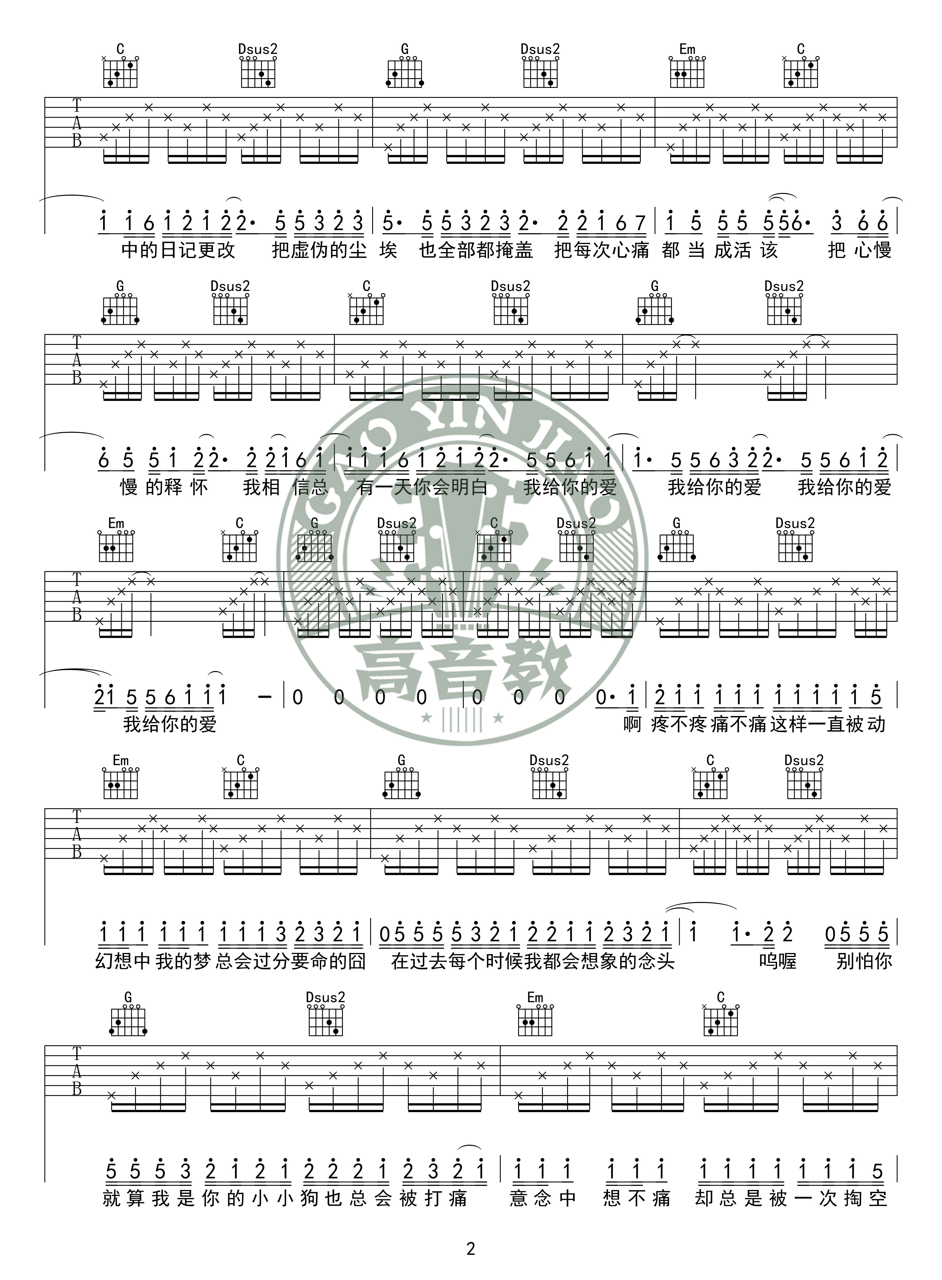 去年夏天吉他谱 G调入门版 王大毛 高音教编配2