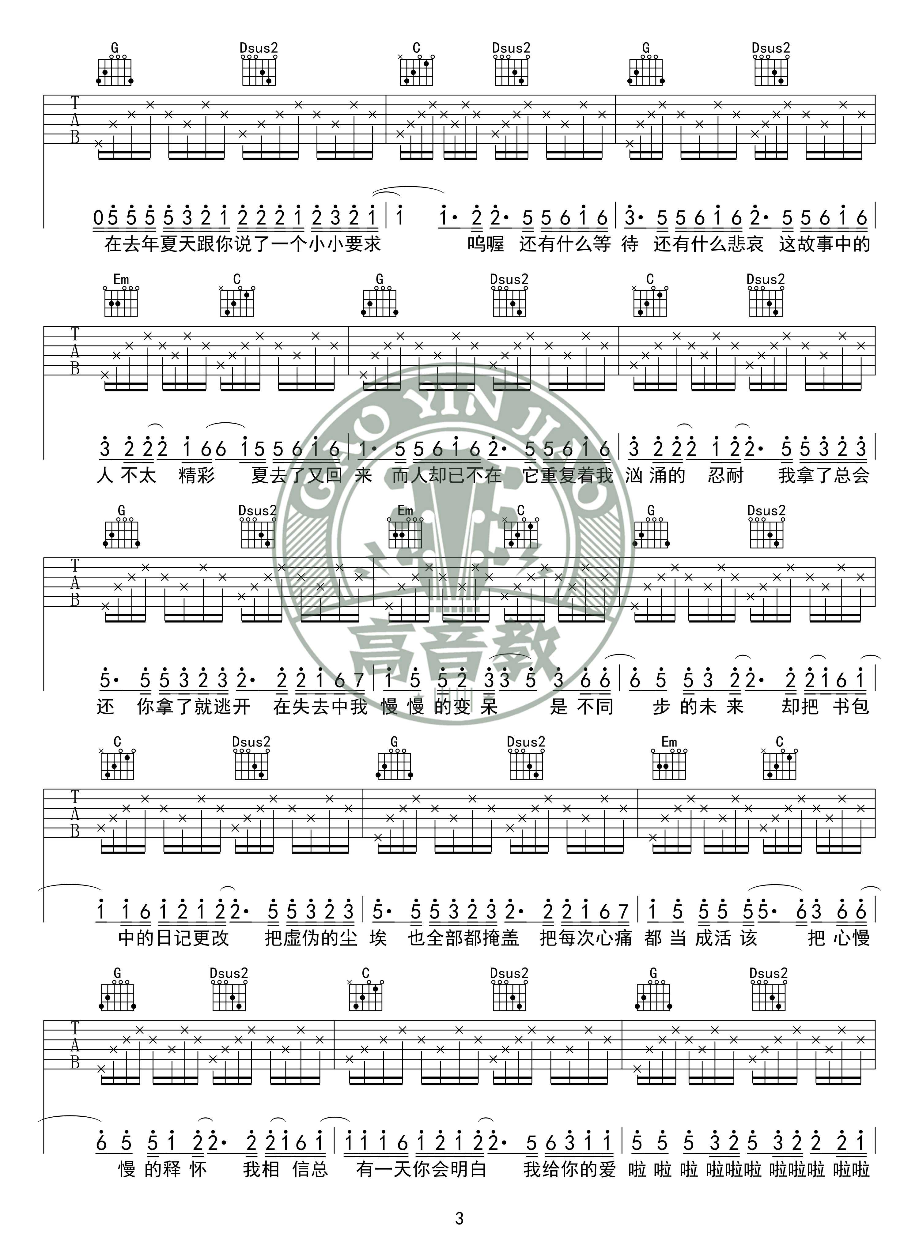 去年夏天吉他谱 G调入门版 王大毛 高音教编配3