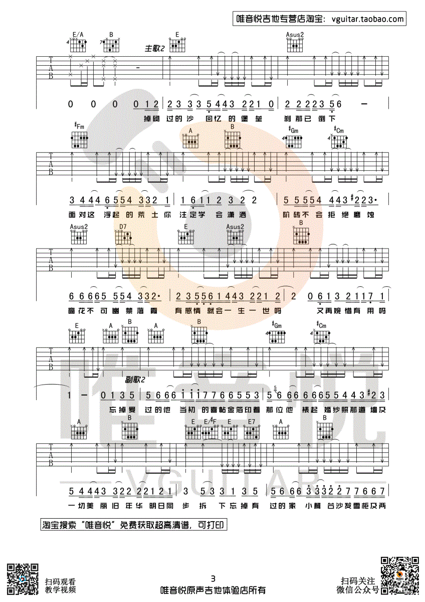 喜帖街吉他谱 陈奕迅 E调原版吉他谱 唯音悦制谱 2010年duo演唱会卢凯彤吉他版本3