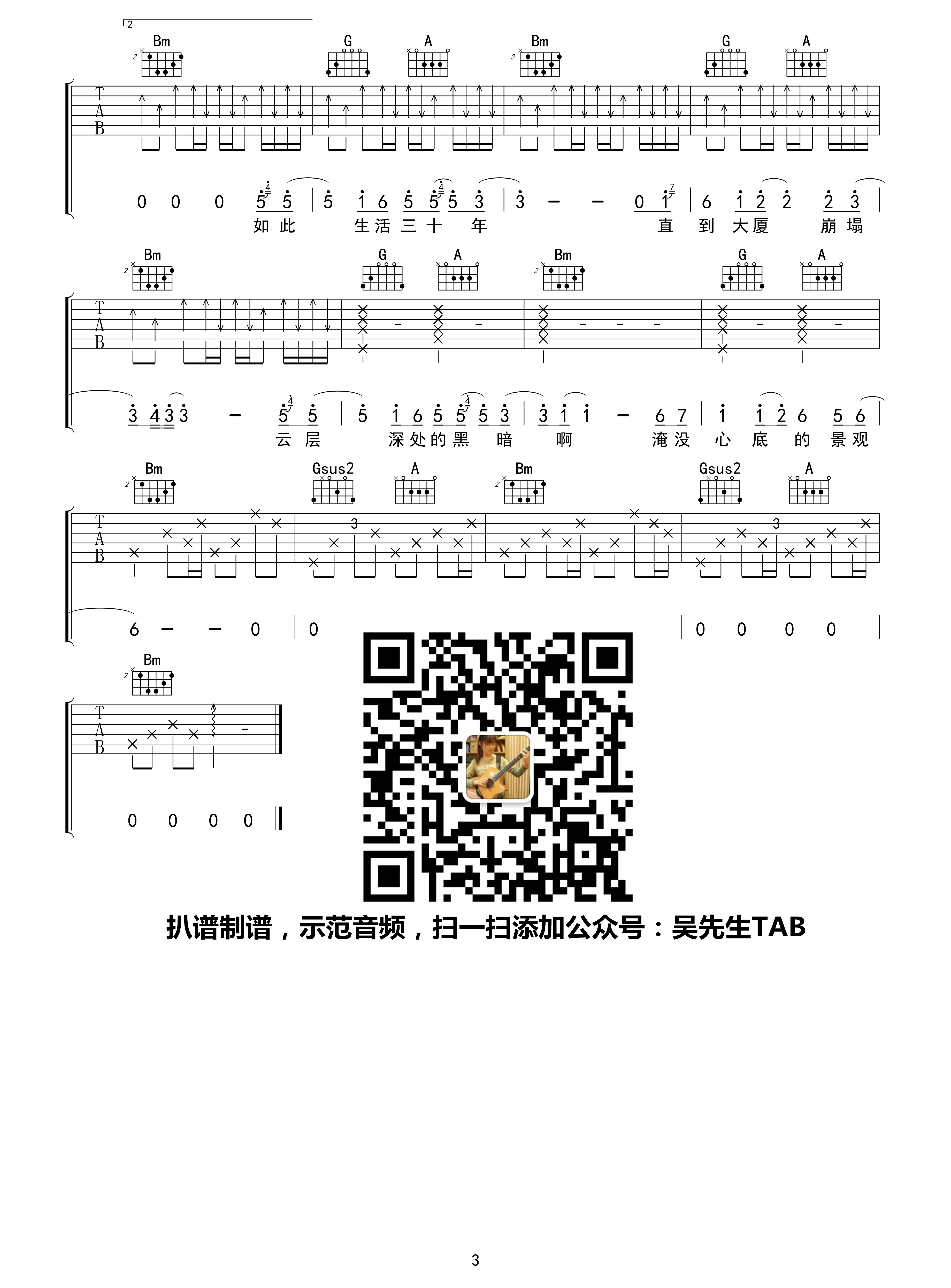 杀死那个石家庄人吉他谱 D调指法 包师语 吴先生TAB制谱3