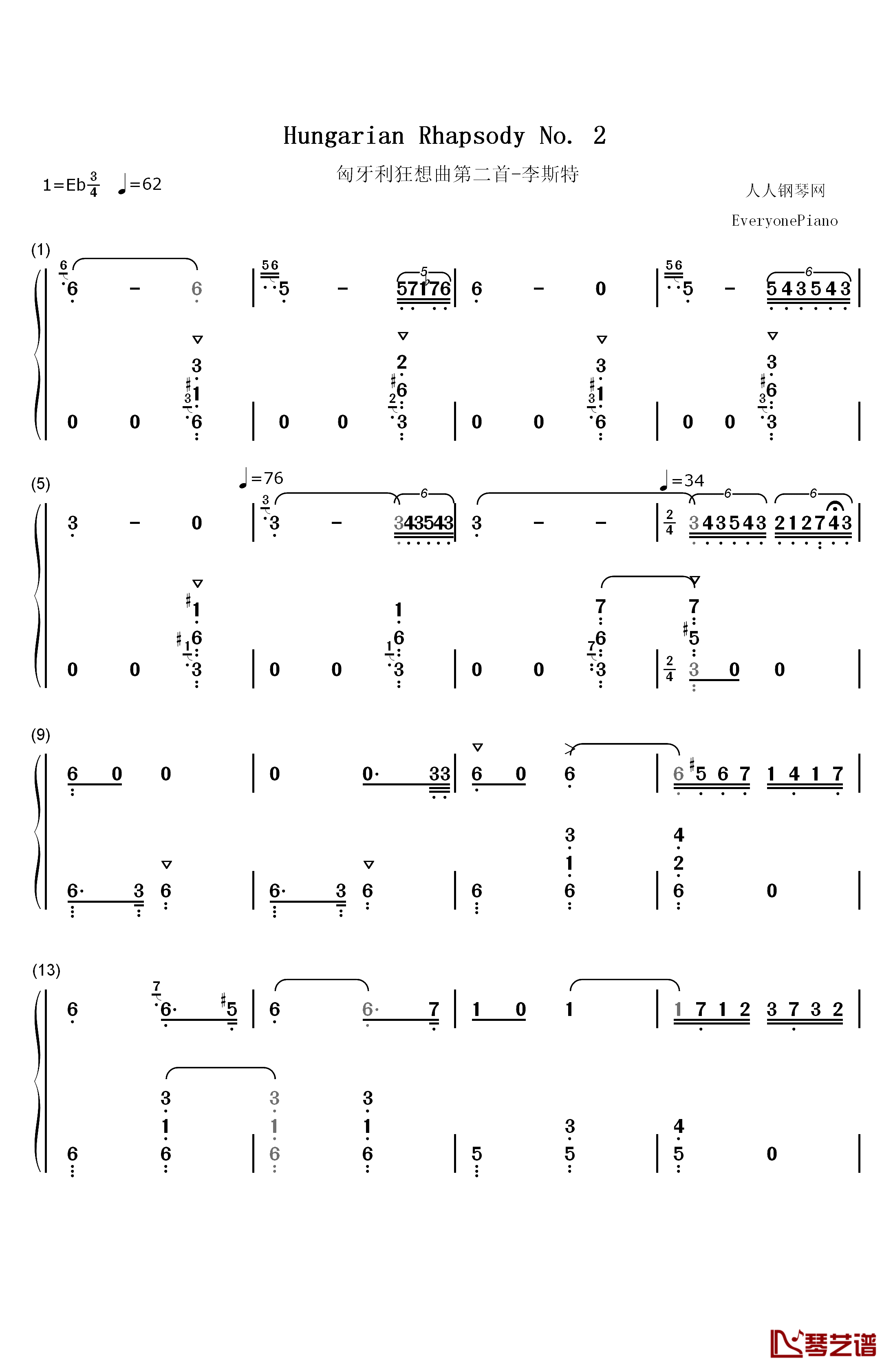 第2号匈牙利狂想曲钢琴简谱-数字双手-李斯特1