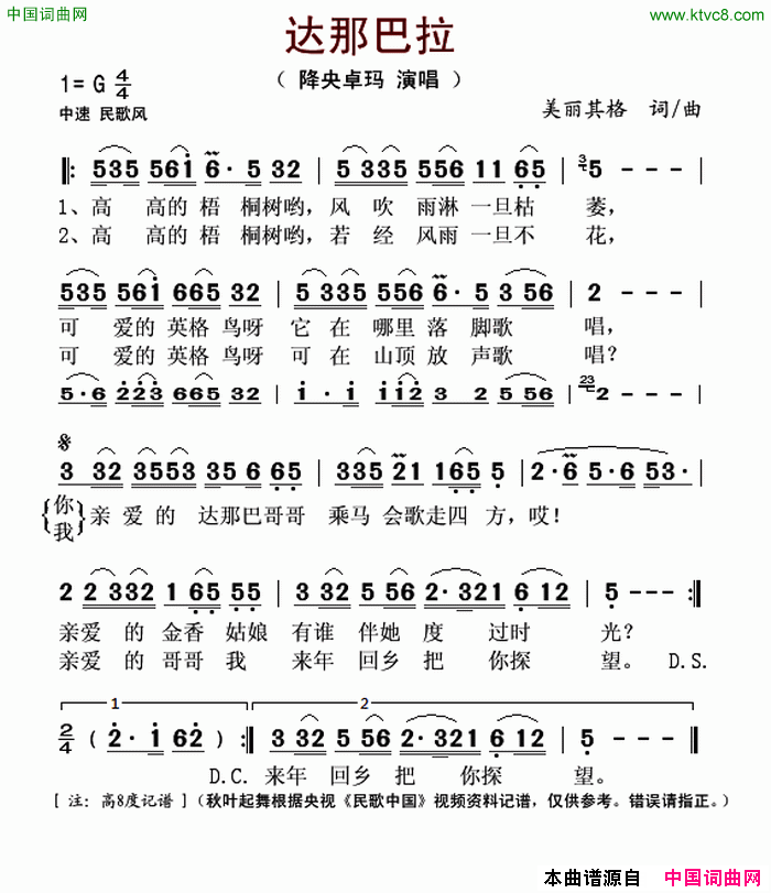 达那巴拉简谱-降央卓玛演唱-美丽其格/美丽其格词曲1