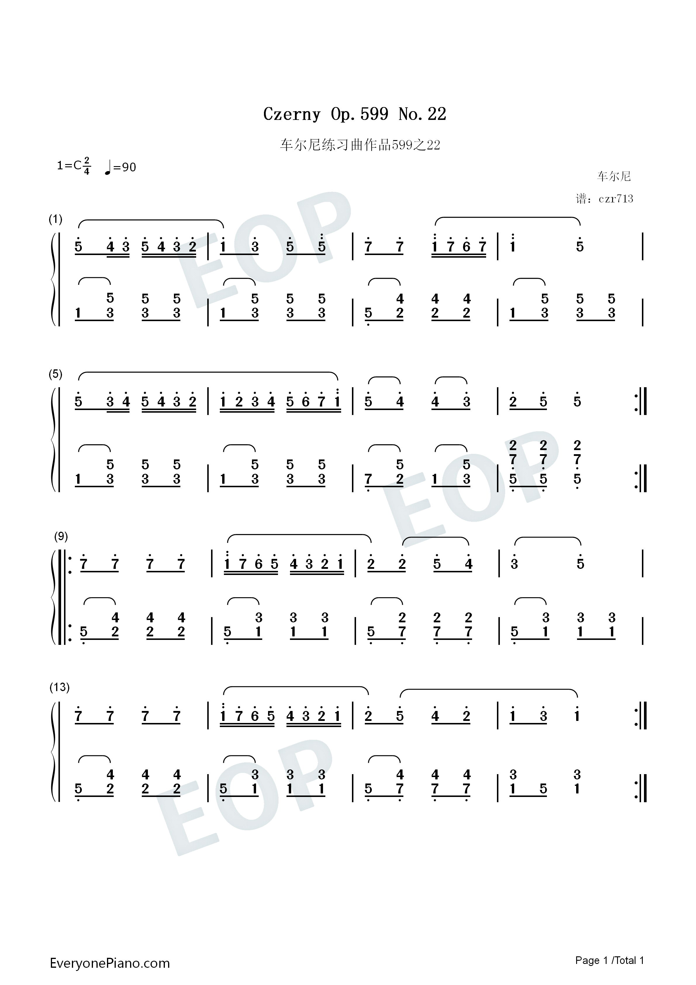 车尔尼练习曲作品599钢琴简谱-车尔尼演唱1