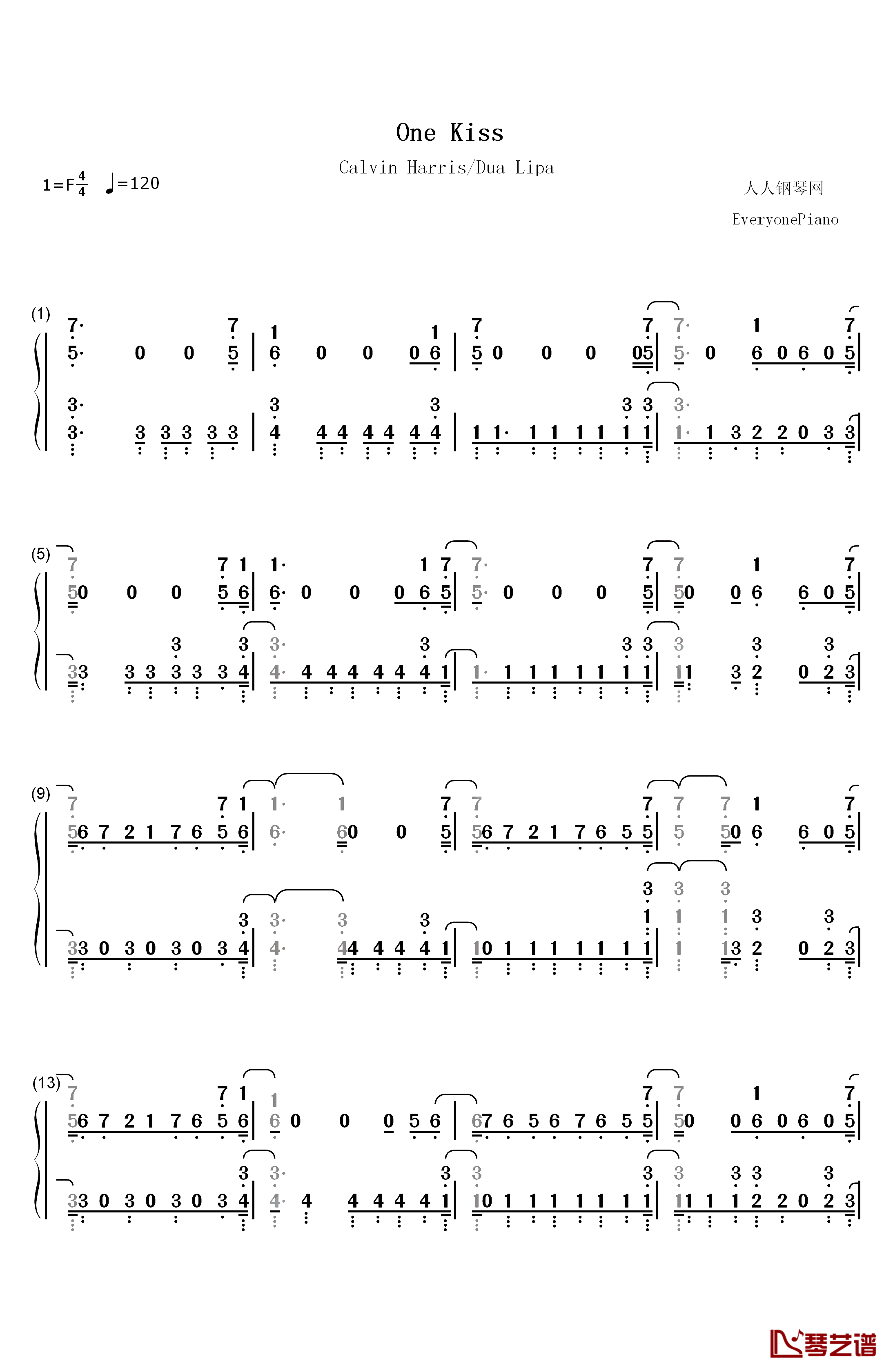 One Kiss钢琴简谱-数字双手-Calvin Harris Dua Lipa1