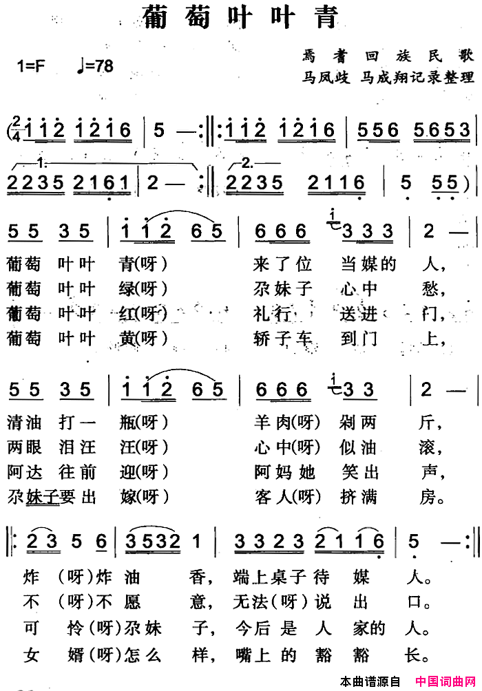 葡萄叶叶青简谱1