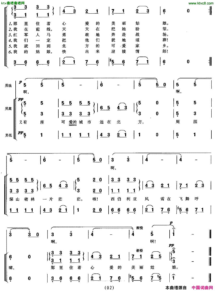 有座可爱的城市在北方男声合唱[前苏联]简谱1