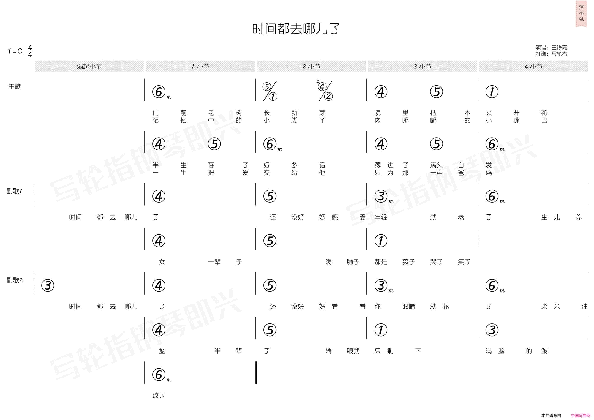 时间都去哪了简谱+和弦简谱-王铮亮演唱-陈曦/董冬冬词曲1