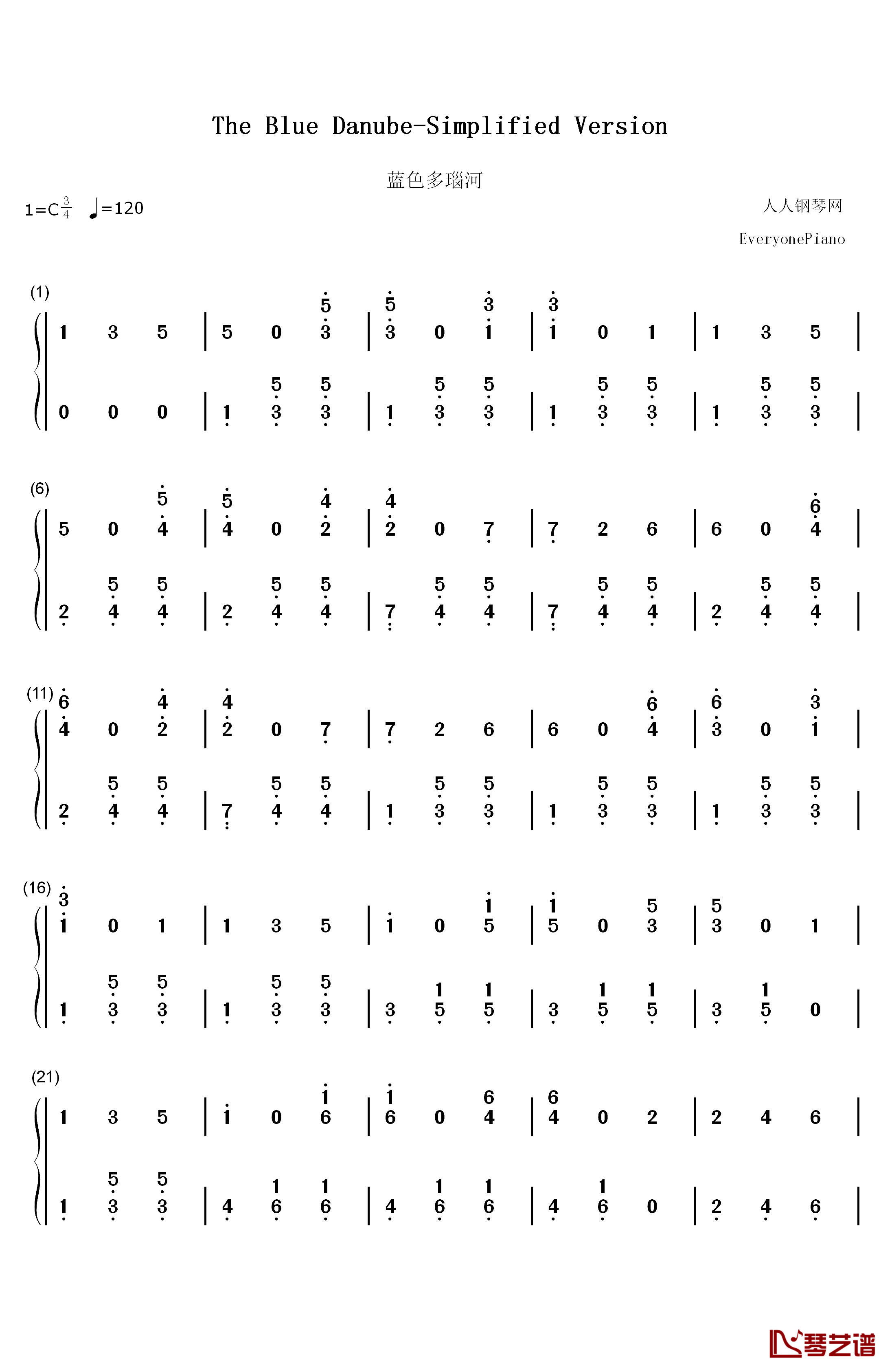 蓝色多瑙河简单版钢琴简谱-数字双手-小约翰·施特劳斯1