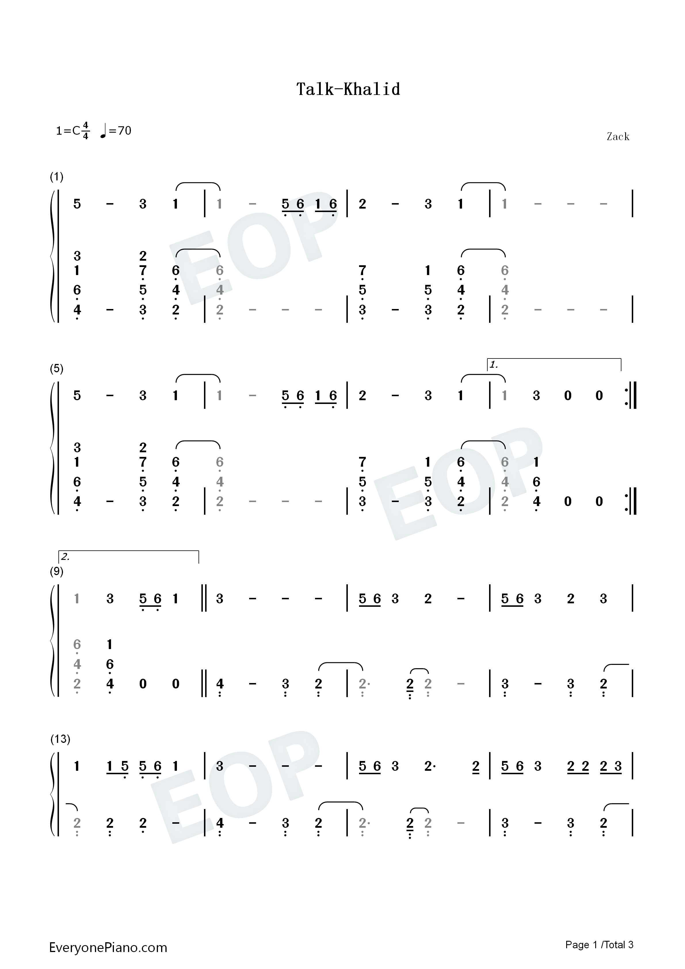 Talk钢琴简谱-Khalid演唱1