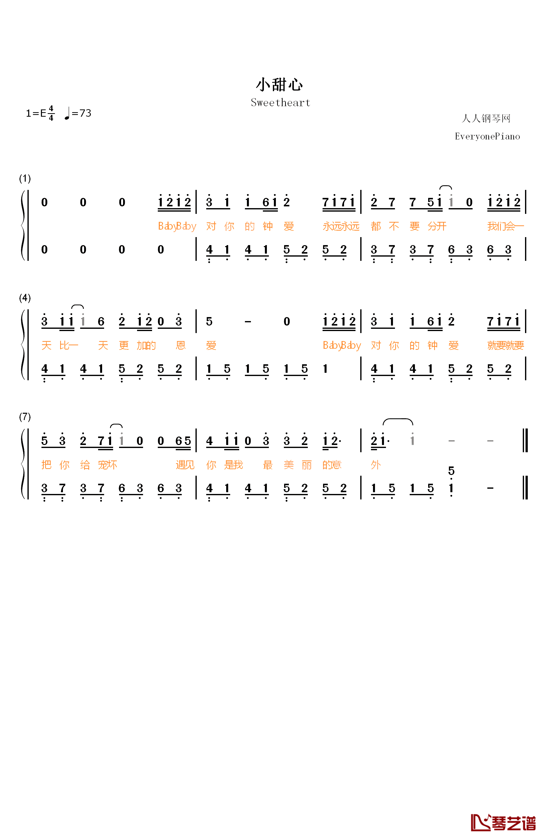 小甜心钢琴简谱-数字双手-王逗逗1