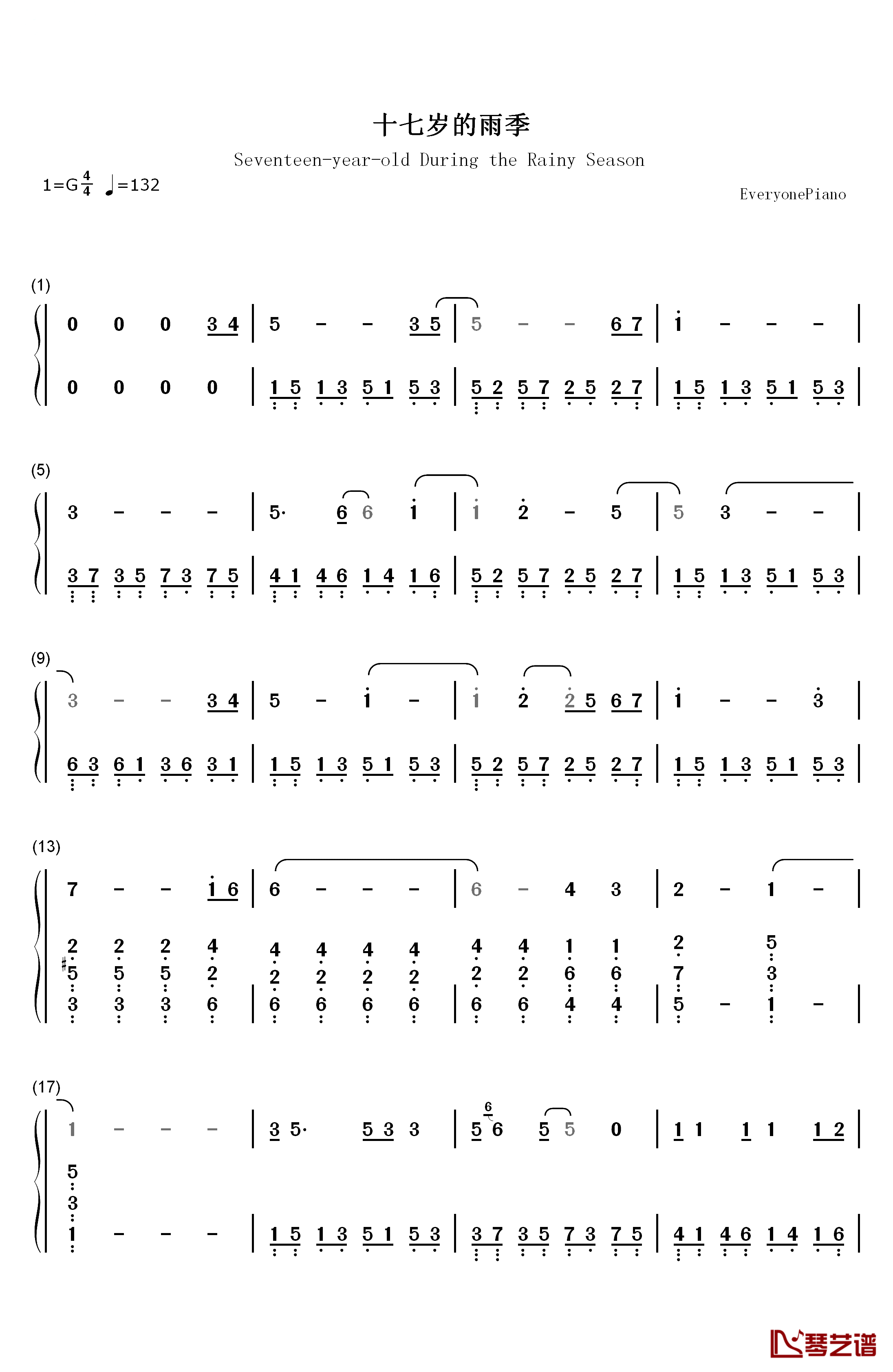 十七岁的雨季钢琴简谱-数字双手-林志颖1