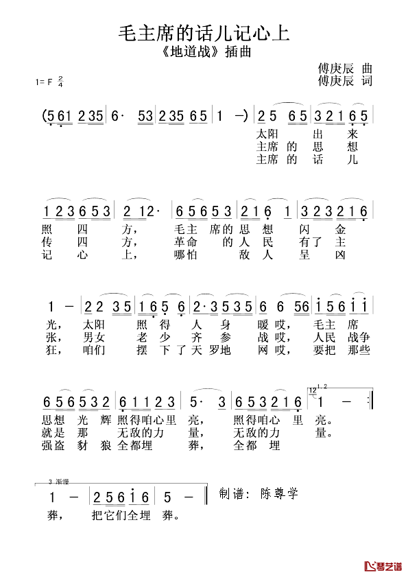 毛主席的话儿记心上简谱-电影《地道战》插曲1