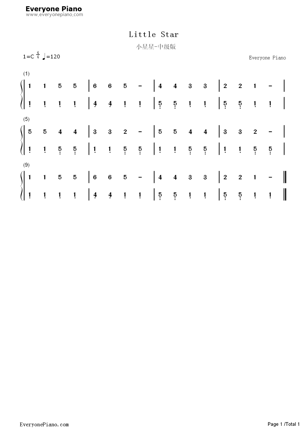 小星星中级版钢琴简谱-数字双手-法国民谣1