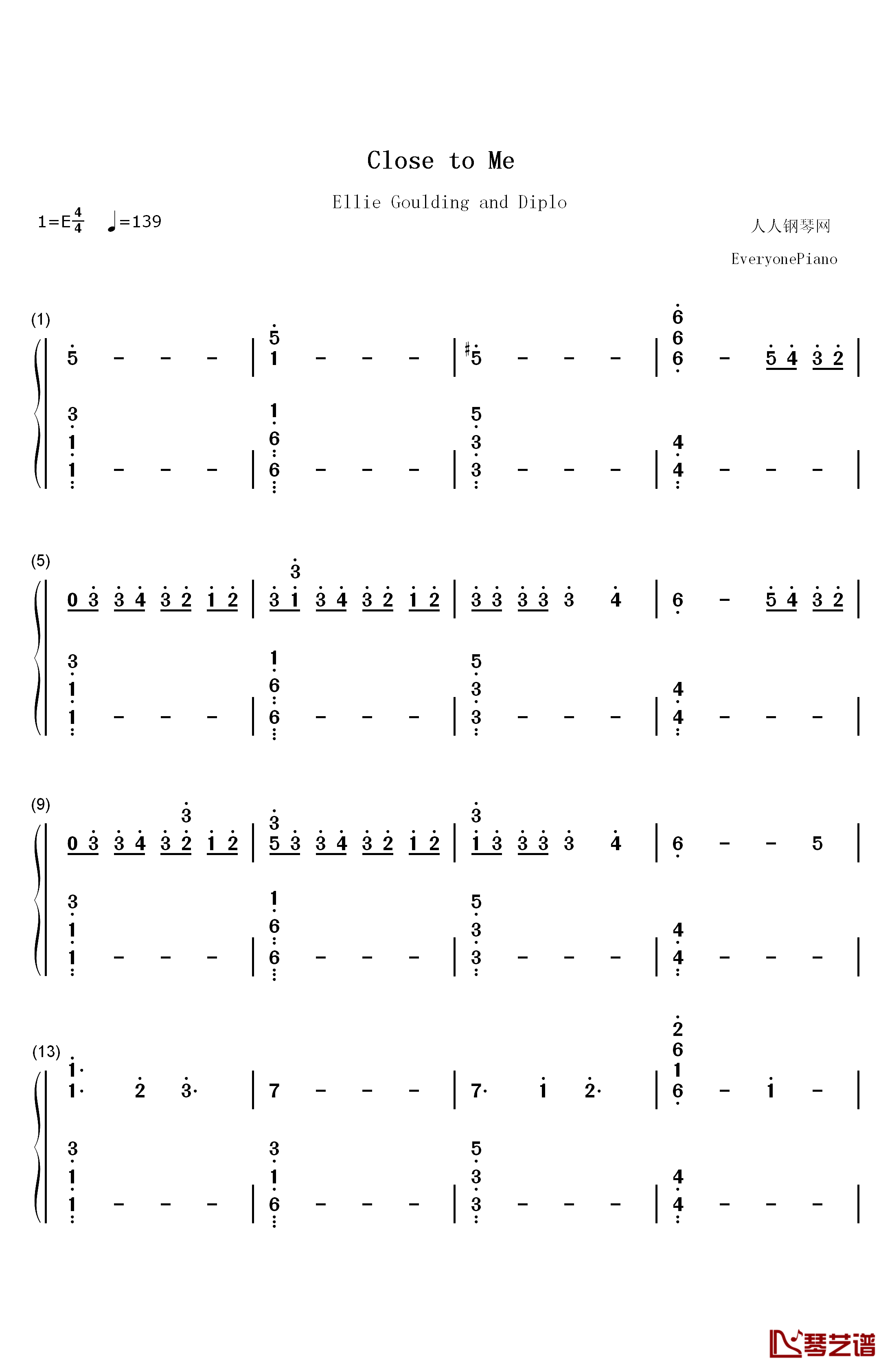 Close to Me钢琴简谱-数字双手-Ellie Goulding Diplo1