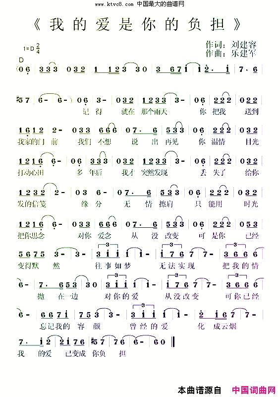 我的爱是你的负担彩色歌谱版本五简谱-刘建容演唱-刘建容/乐建军词曲1