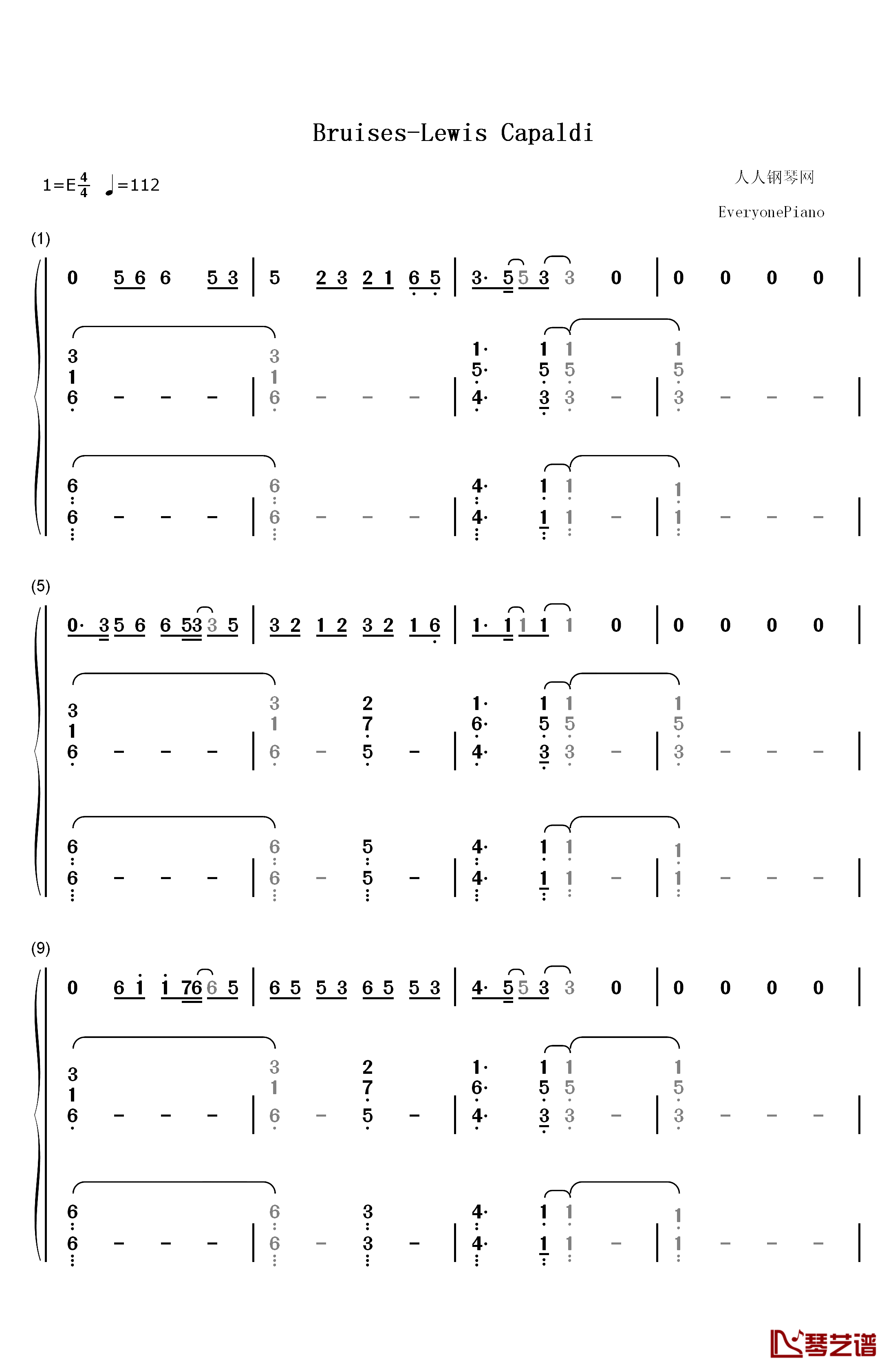 Bruises钢琴简谱-数字双手-Lewis Capaldi1