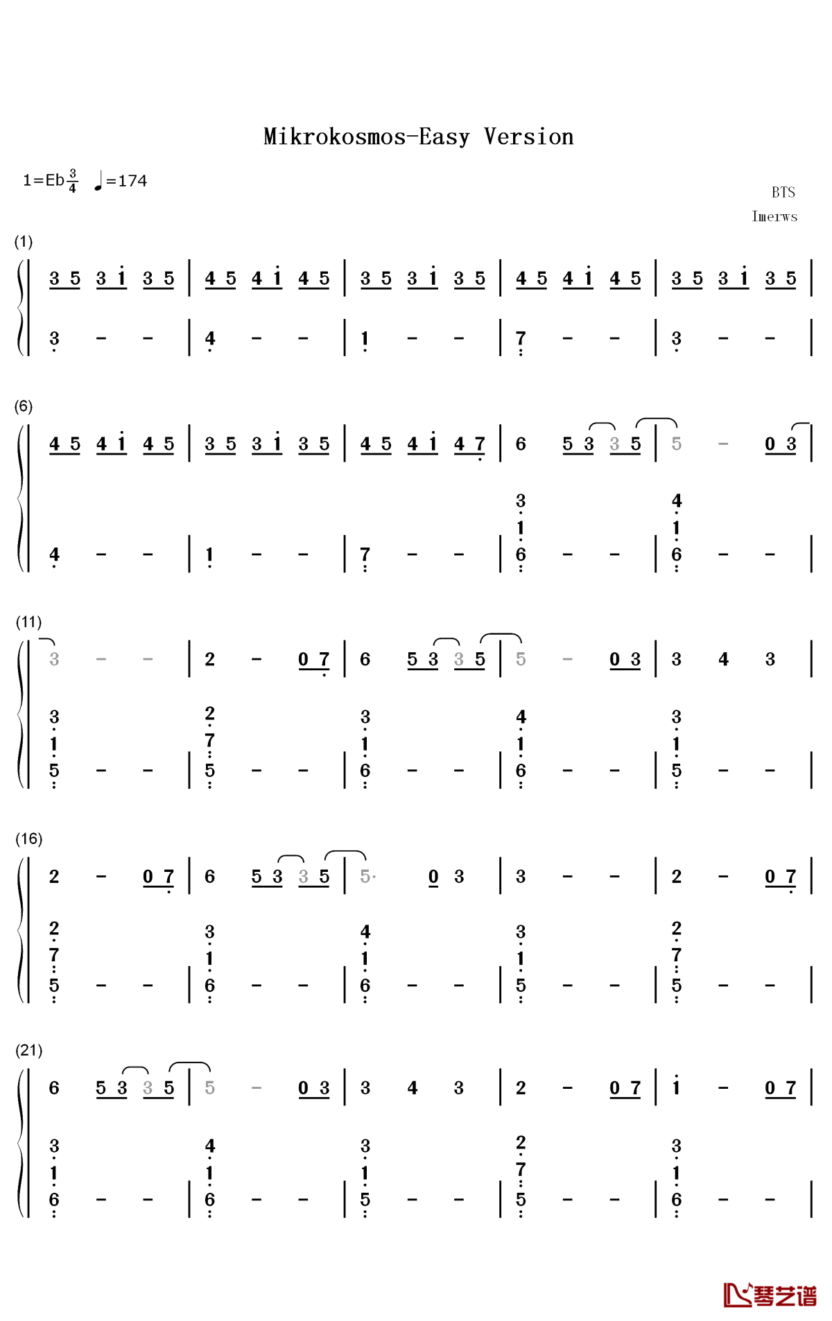 Mikrokosmos钢琴简谱-数字双手-防弹少年团1