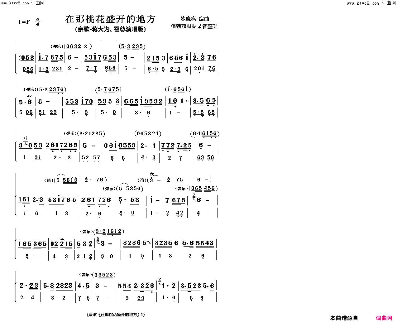 《《在那桃花盛开的地方》 蒋大为、霍尊京歌演唱版(简单民乐小合奏曲谱兼作演唱伴奏谱)》简谱 陈晓满作曲 蒋大为演唱 霍尊演唱  第1页
