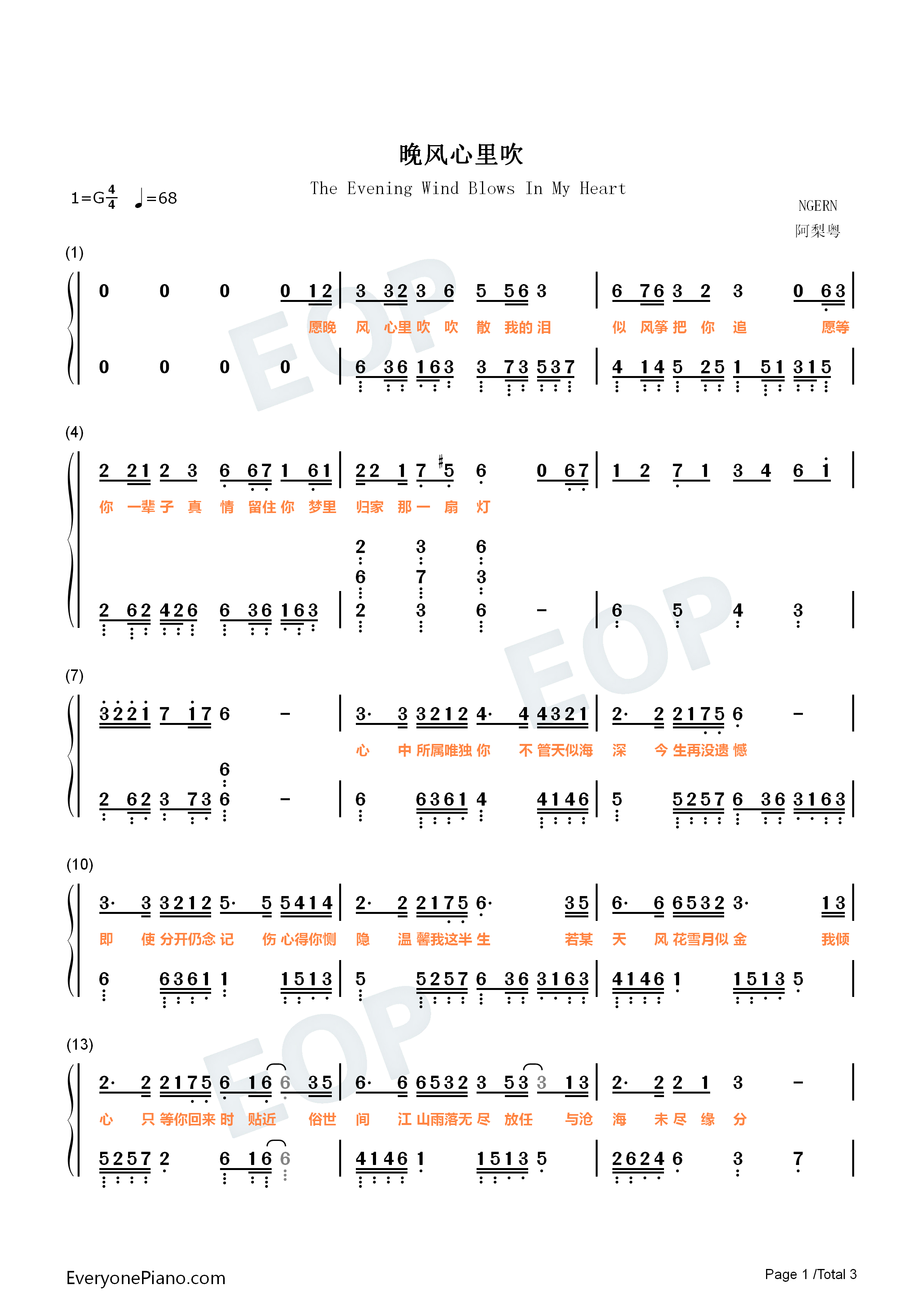 晚风心里吹钢琴简谱-阿梨粤演唱1