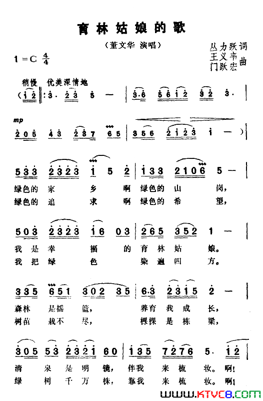 育林姑娘的歌简谱-董文华演唱-丛力跃/王义韦、门跃宏词曲1