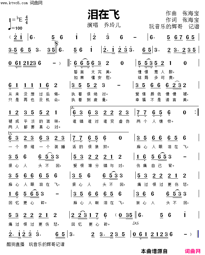 泪在飞简谱-乔玲儿演唱-张海宝/张海宝词曲1