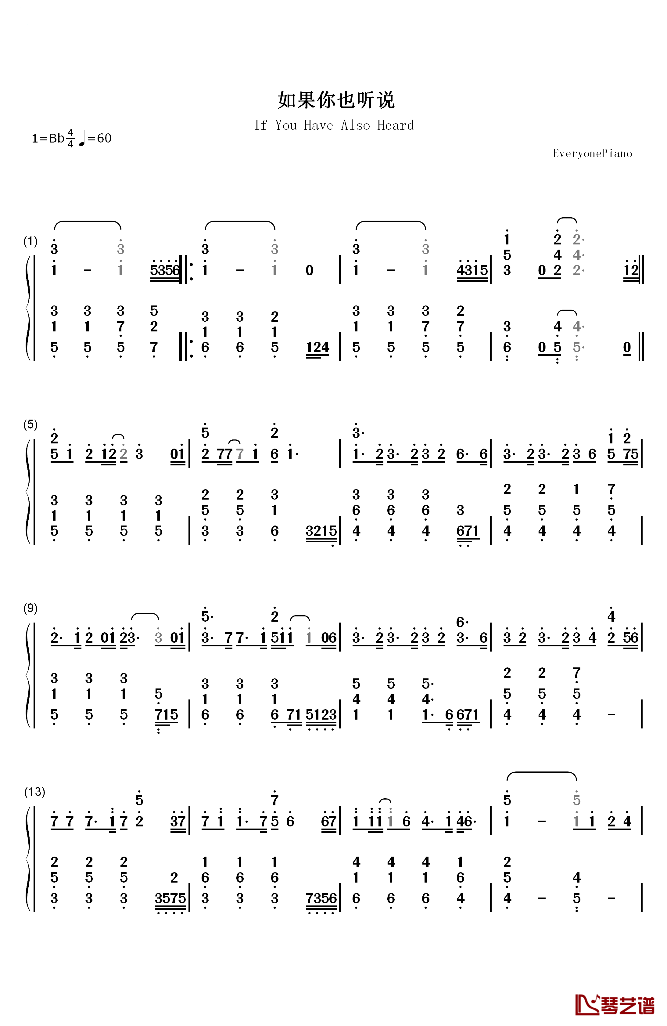 如果你也听说钢琴简谱-数字双手-张惠妹1