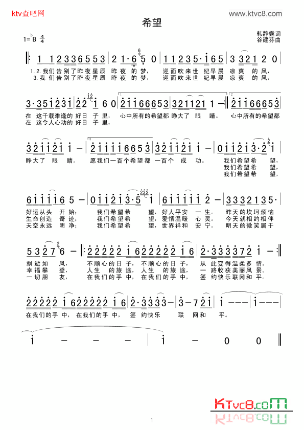 希望简谱-毛阿敏演唱1