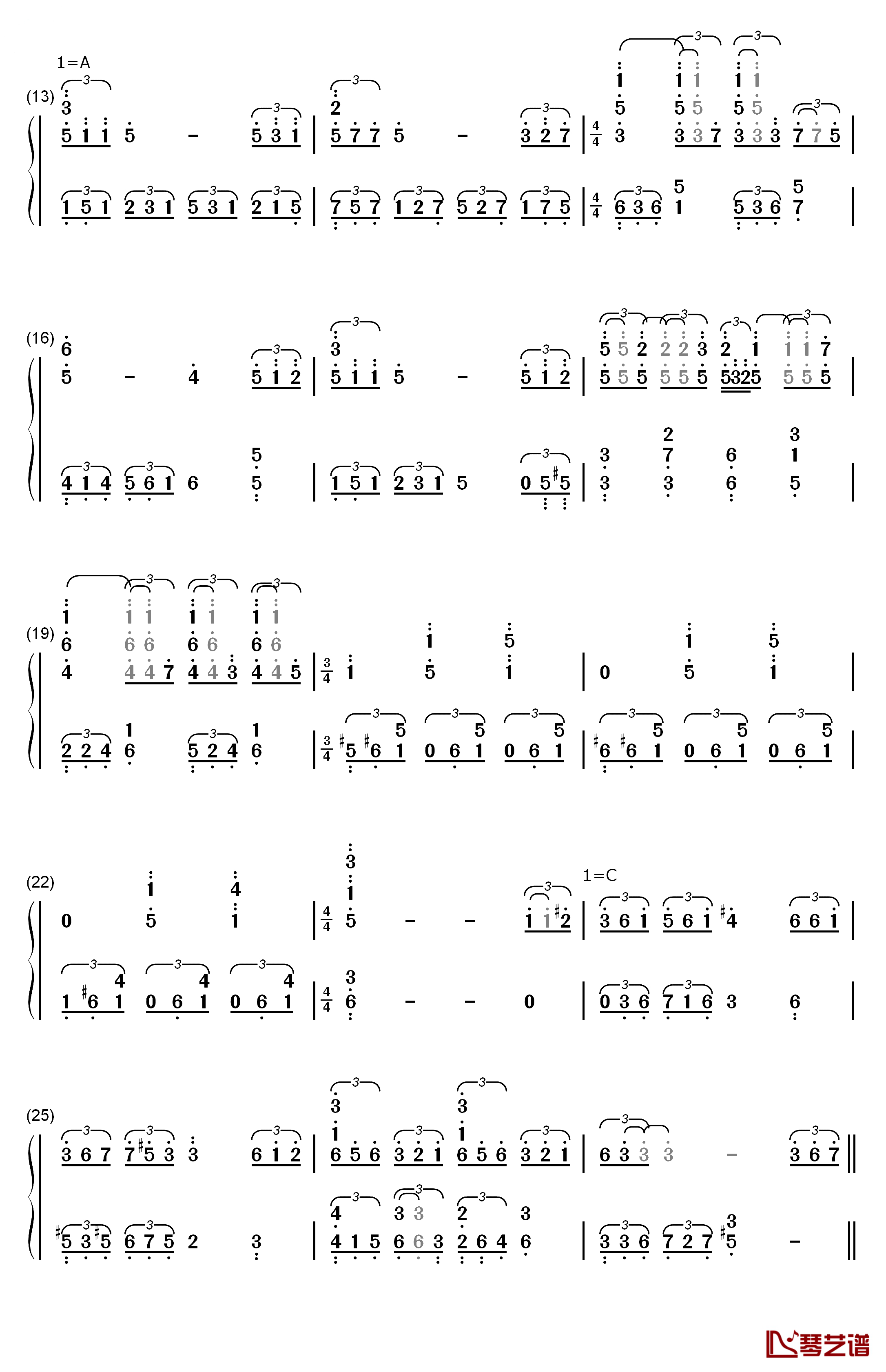 爱钢琴简谱-数字双手-莫文蔚2