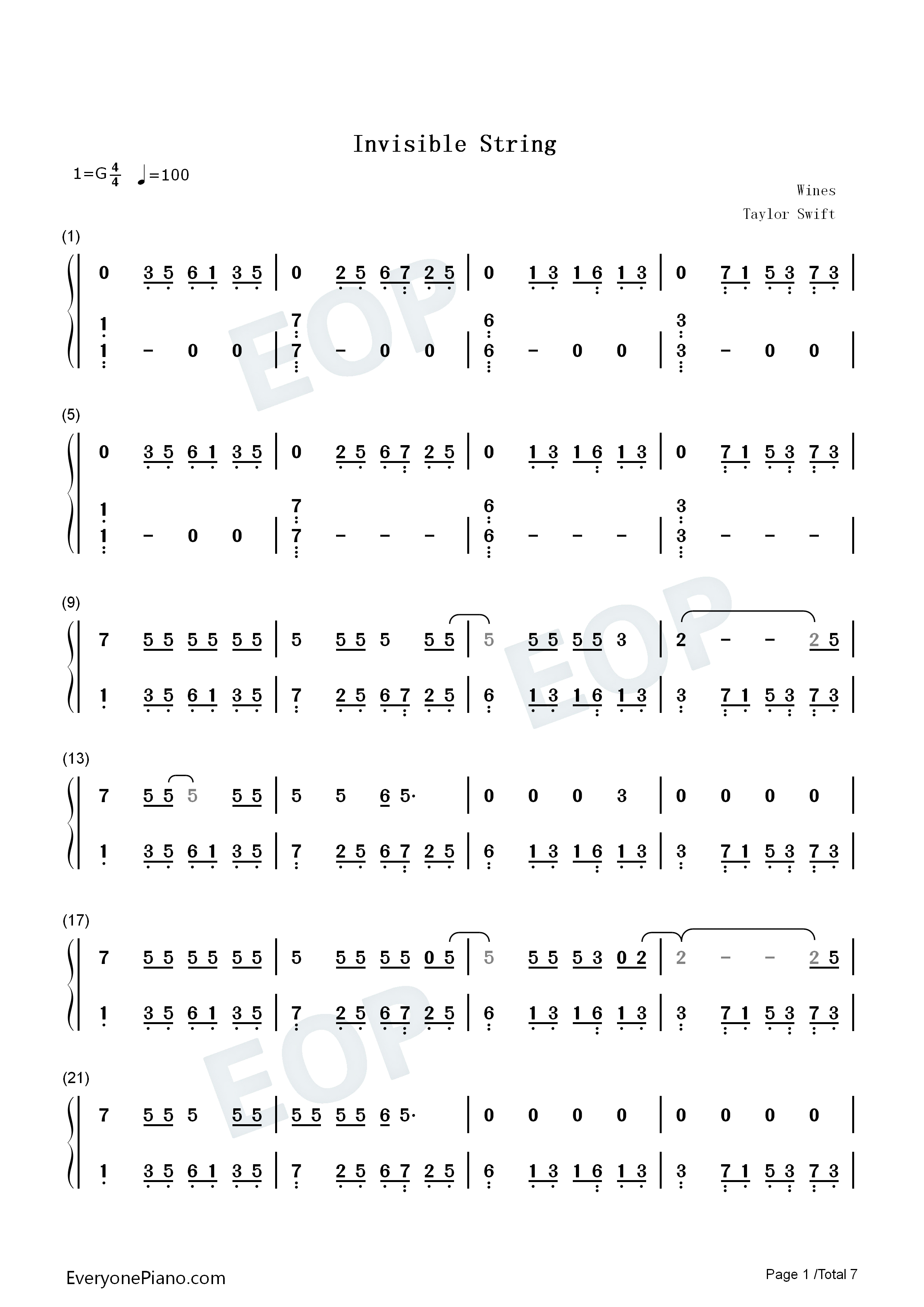 Invisible String钢琴简谱-Taylor Swift演唱1