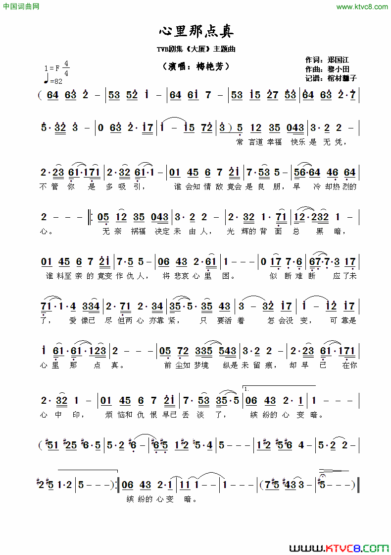 心里那点真TVB剧集《大厦》主题曲 心里那点真TVB剧集《大厦》主题曲简谱1
