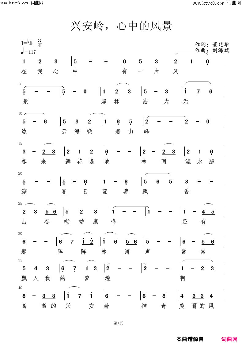 《兴安岭，心中的风景》简谱 董廷华作词 刘海斌作曲  第1页