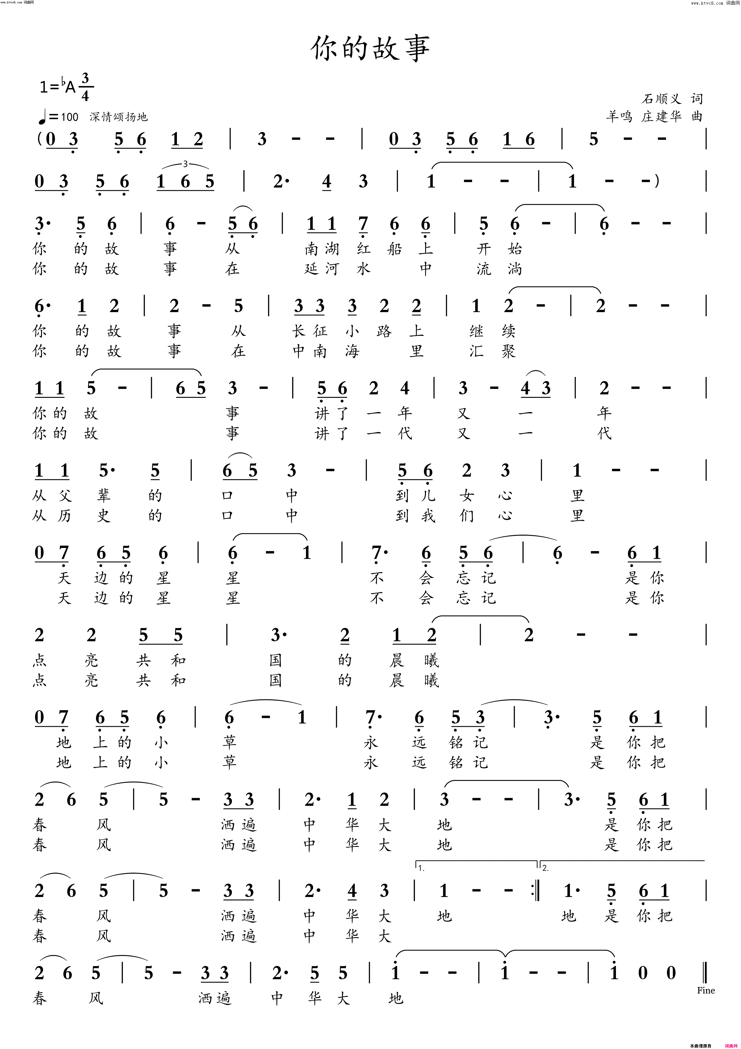 你的故事简谱-霍勇演唱-庄建华曲谱1