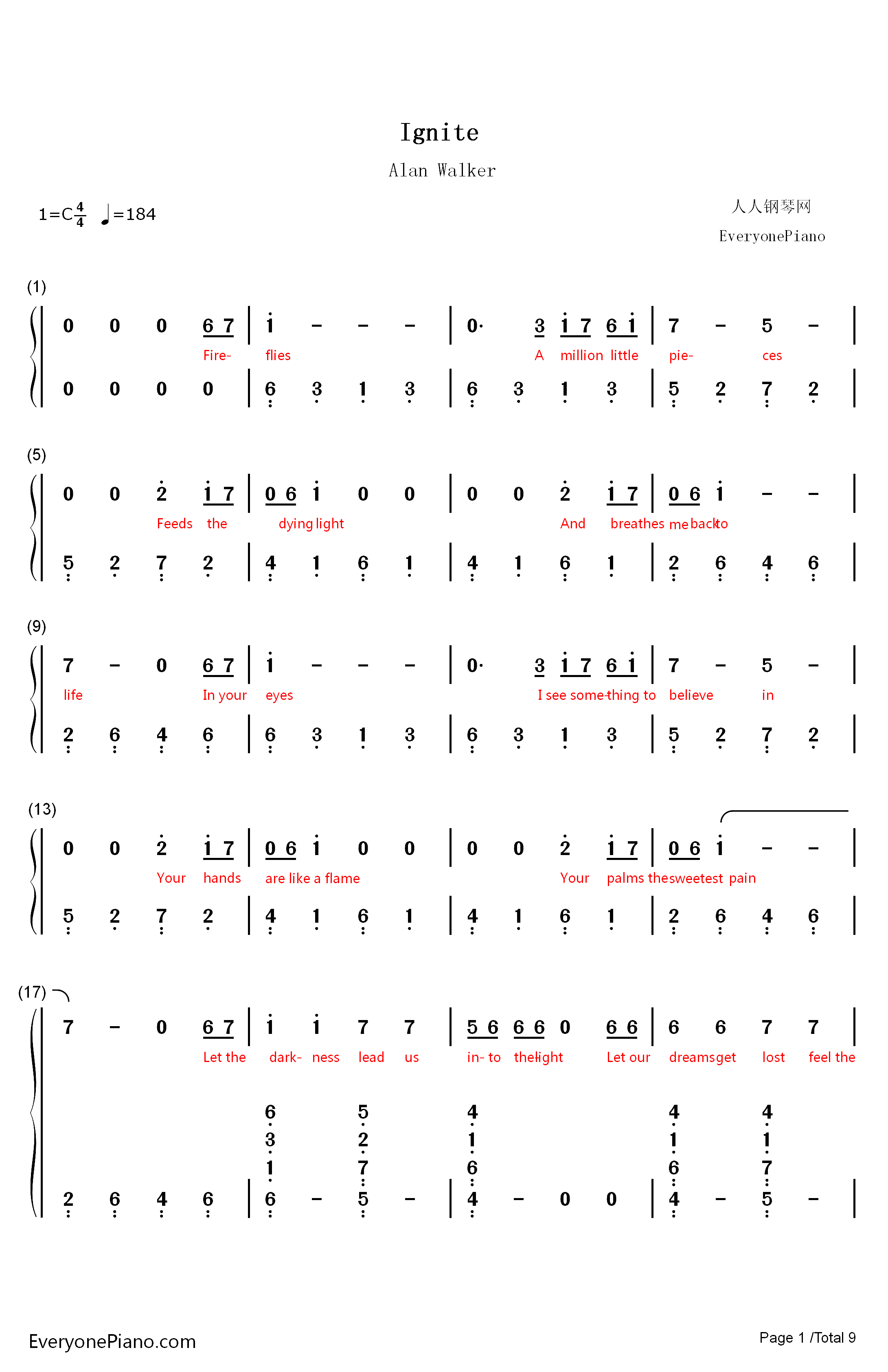 Ignite钢琴简谱-数字双手-Alan Walker1