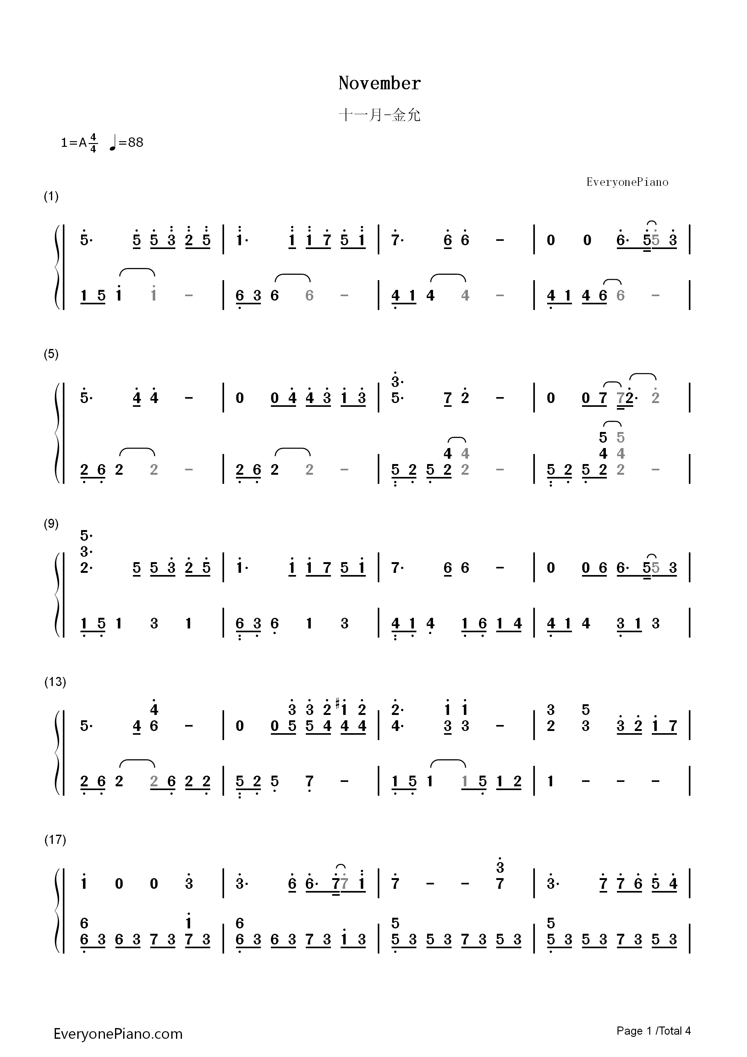 November钢琴简谱-金允演唱1
