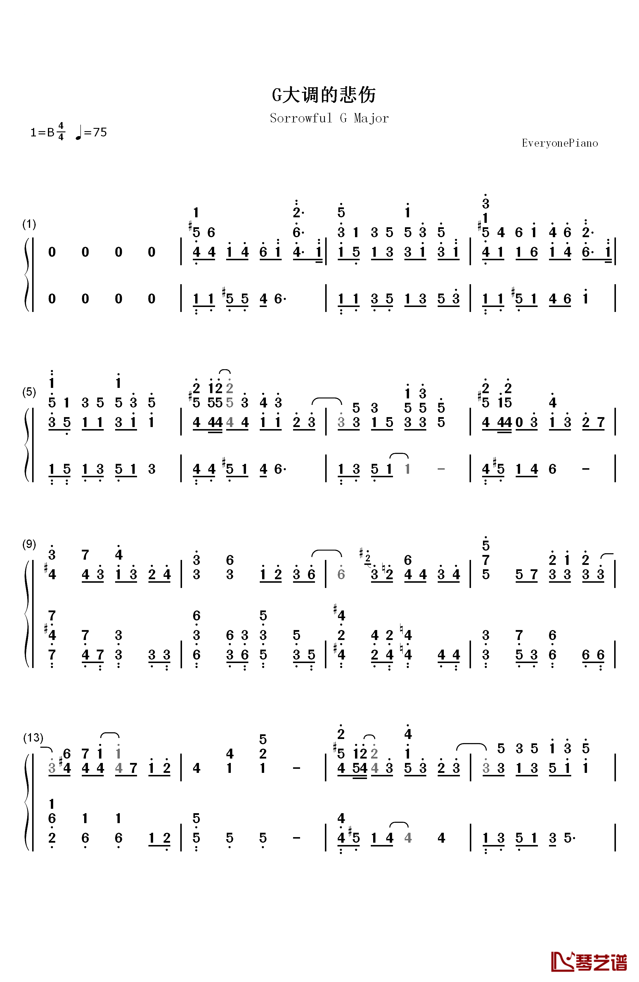 G大调的悲伤钢琴简谱-数字双手-张靓颖1