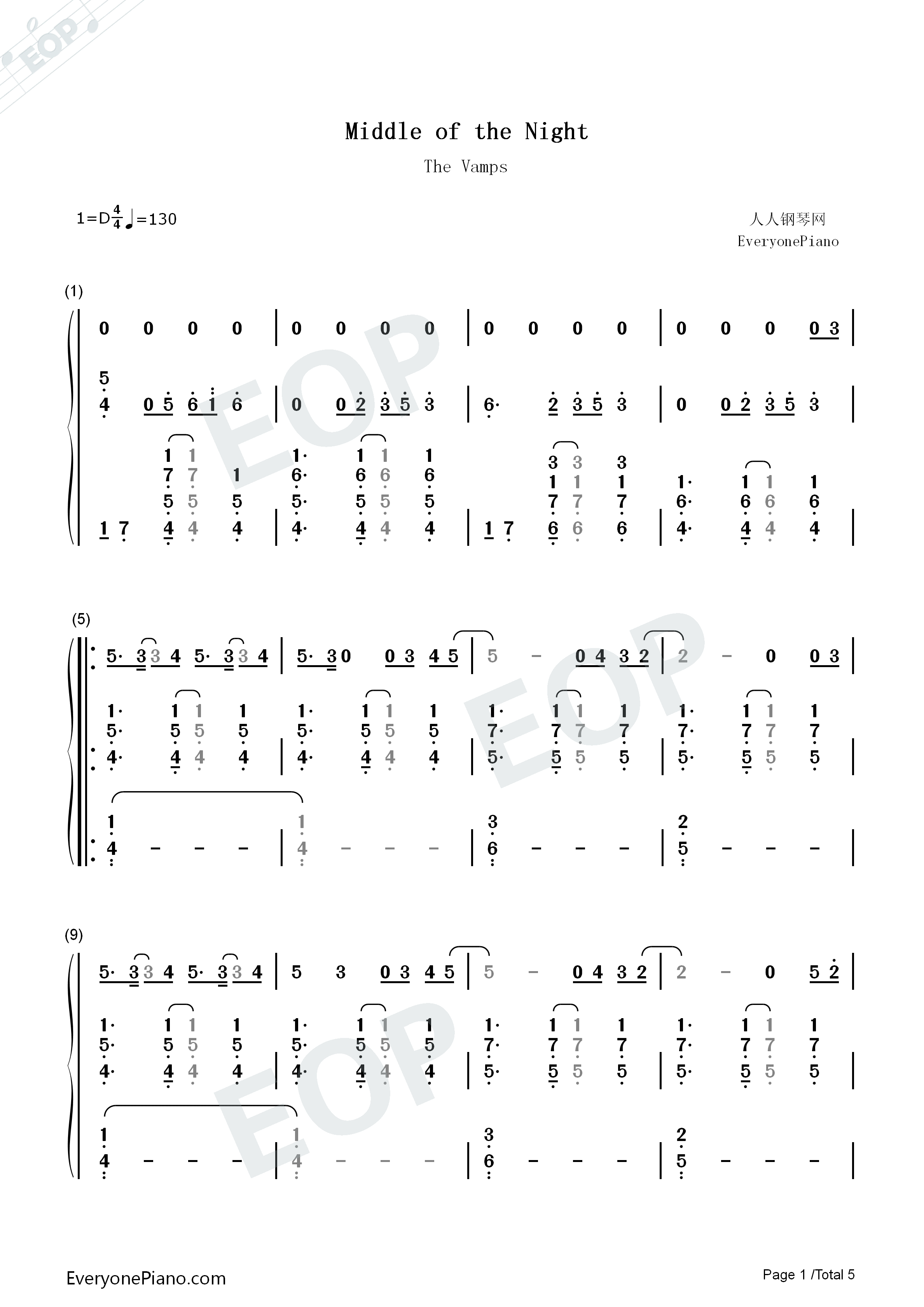 Middle of the Night钢琴简谱-The Vamps Martin Jensen演唱1