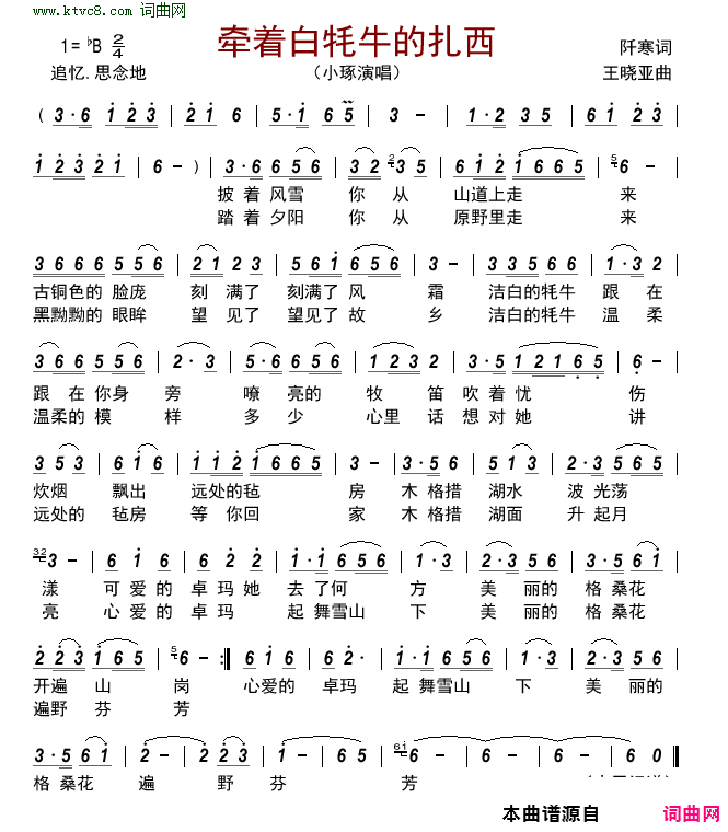 牵着白牦牛的扎西简谱-小琢演唱-阡寒/王晓亚词曲1
