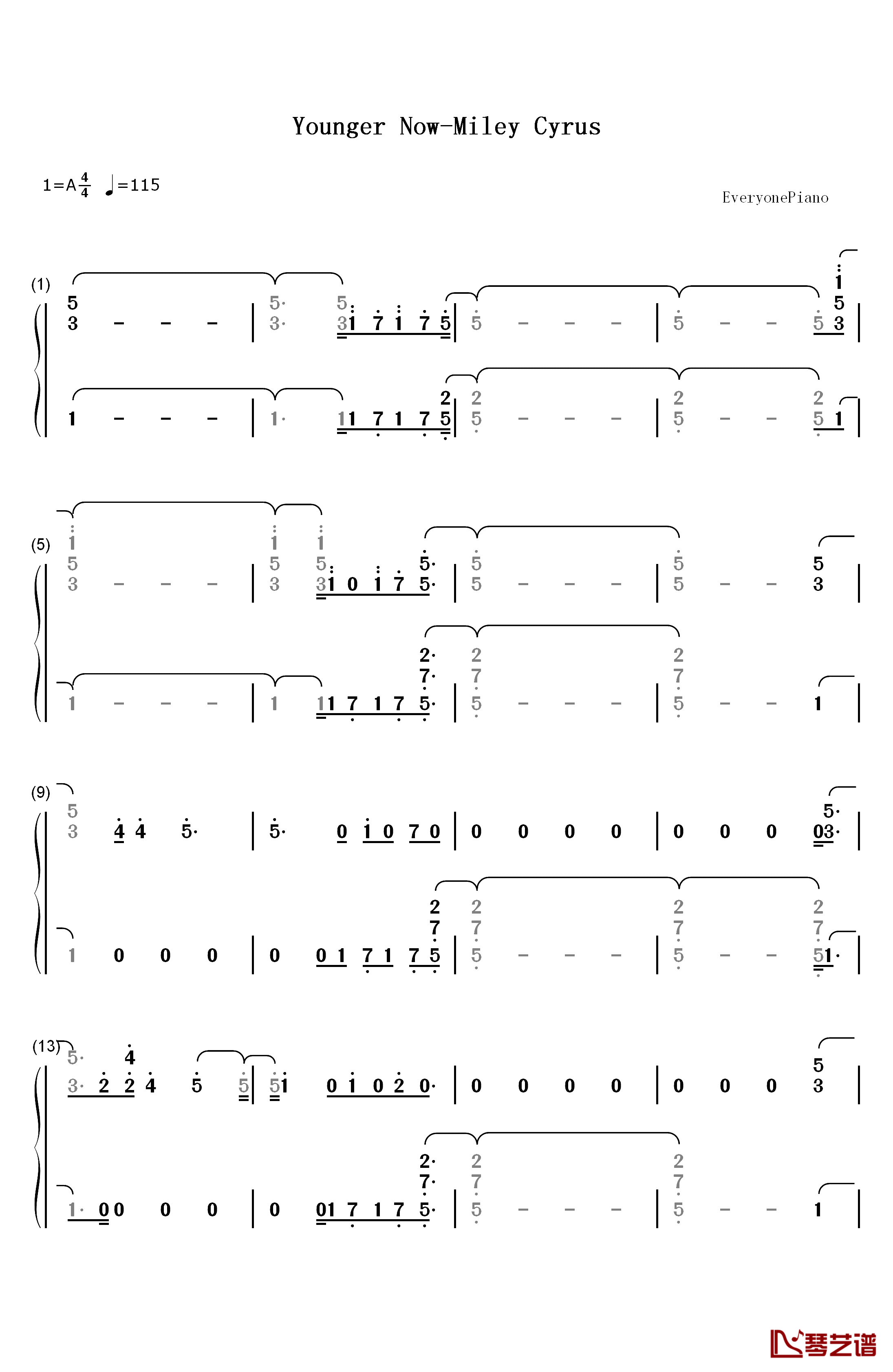 Younger Now钢琴简谱-数字双手-Miley Cyrus1