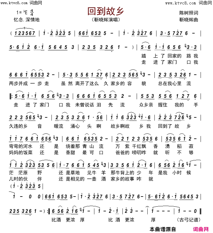 回到故乡简谱-靳晓辉演唱-陈树照/靳晓辉词曲1